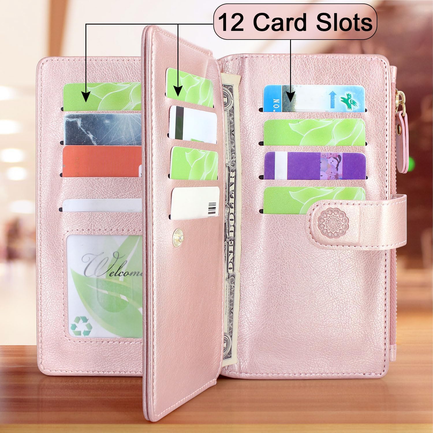 Harryshell Compatible with Samsung Galaxy S25 Wallet Case Detachable Phone Cover with Zipper Cash Coin Pocket Multi Card Slots Holder Wrist Strap Lanyard 6.2 inch (Floral Rose Gold)