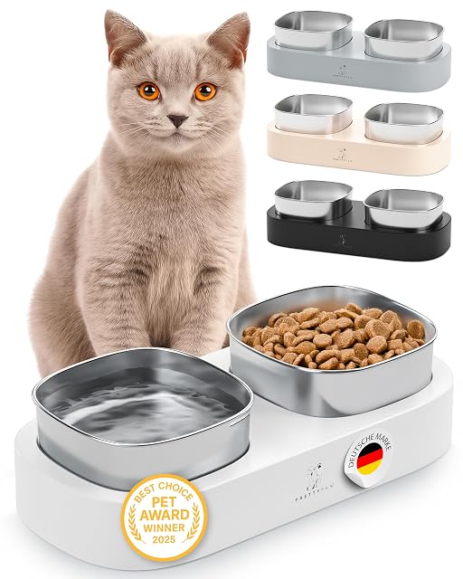 Pretty Paw Comedero para Gatos Elevado Doble de Acero Inoxidable Blanco