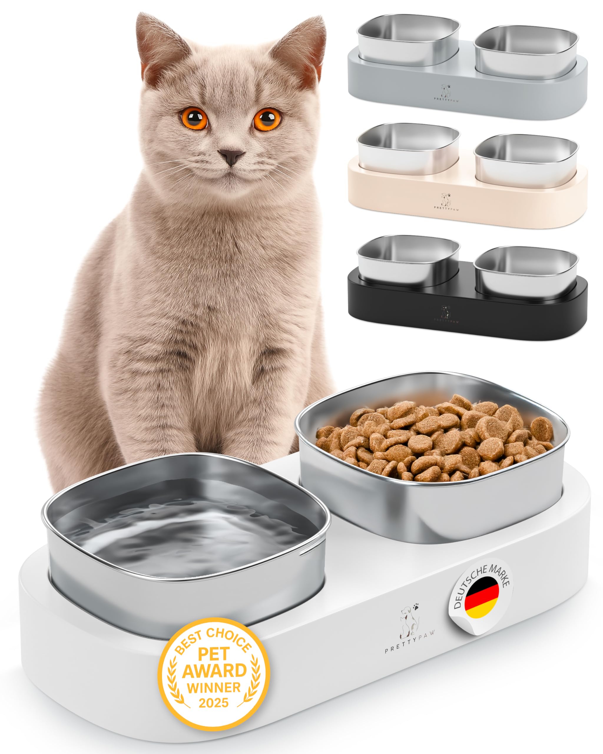 Pretty Paw Ciotola Rialzata per Gatti – Doppia Ciotola per Cibo e Acqua con Base Antiscivolo e Ciotole in Acciaio Inox per un’Alimentazione Ergonomica (Bianco)