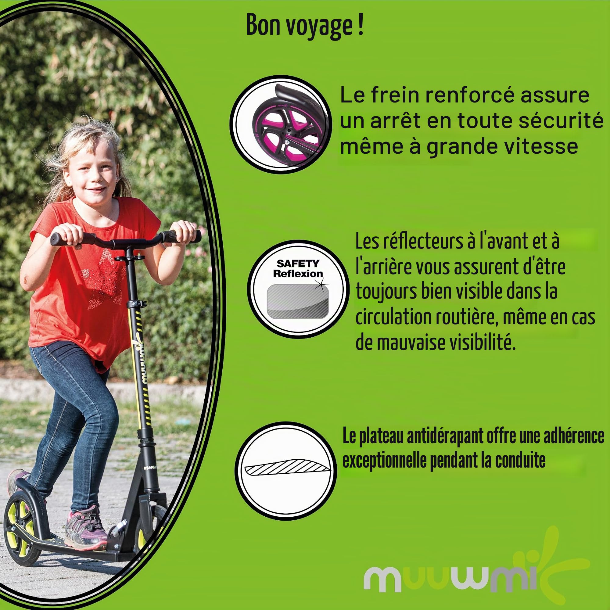 muuwmi - Trottinette Pro en Aluminium - 215 mm - ABEC 7 - Homologuée GS - Hauteur réglable - Plateau XL - Guidon BMX