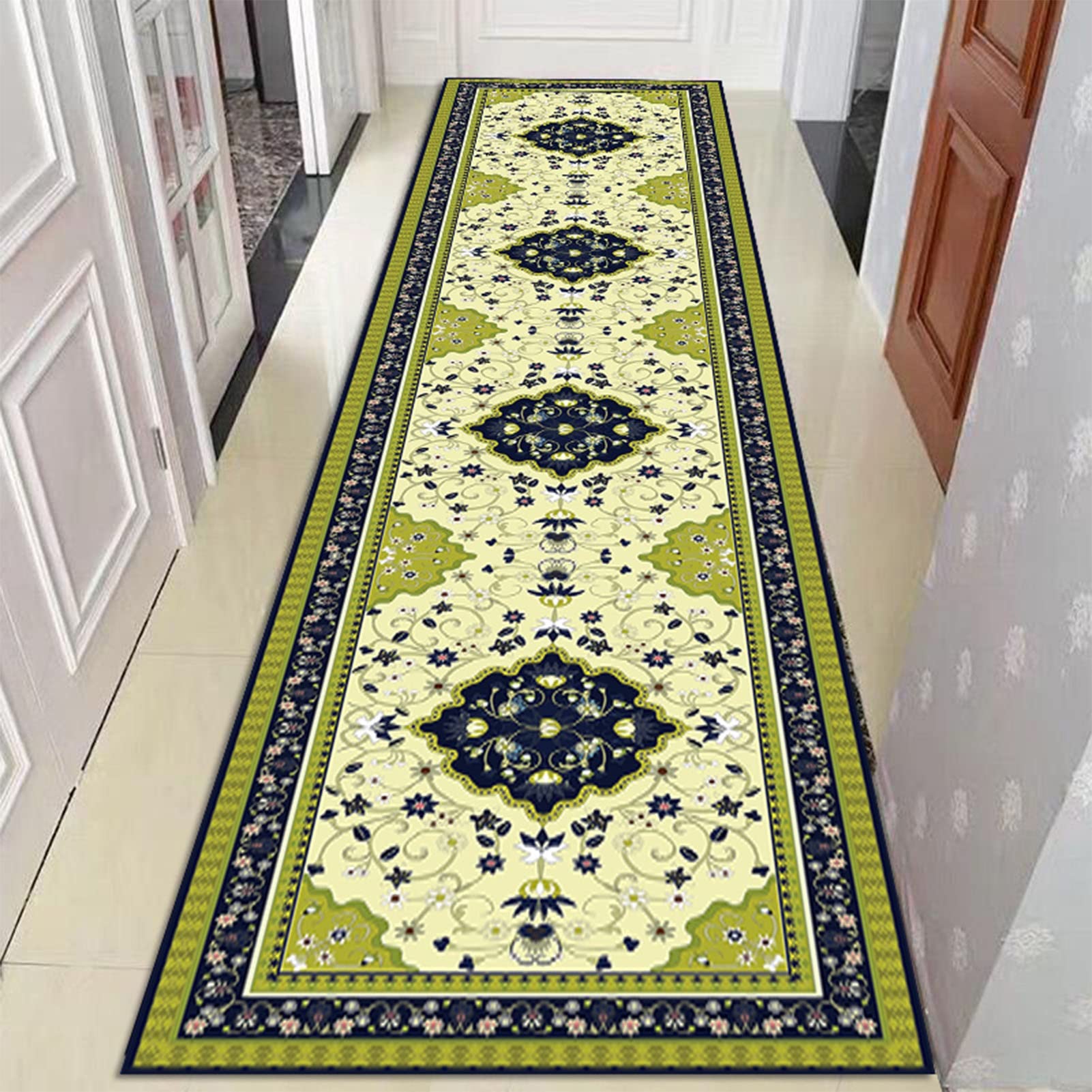 Coureurs de tapis personnalisables à motif de fleurs vertes lavables en machine