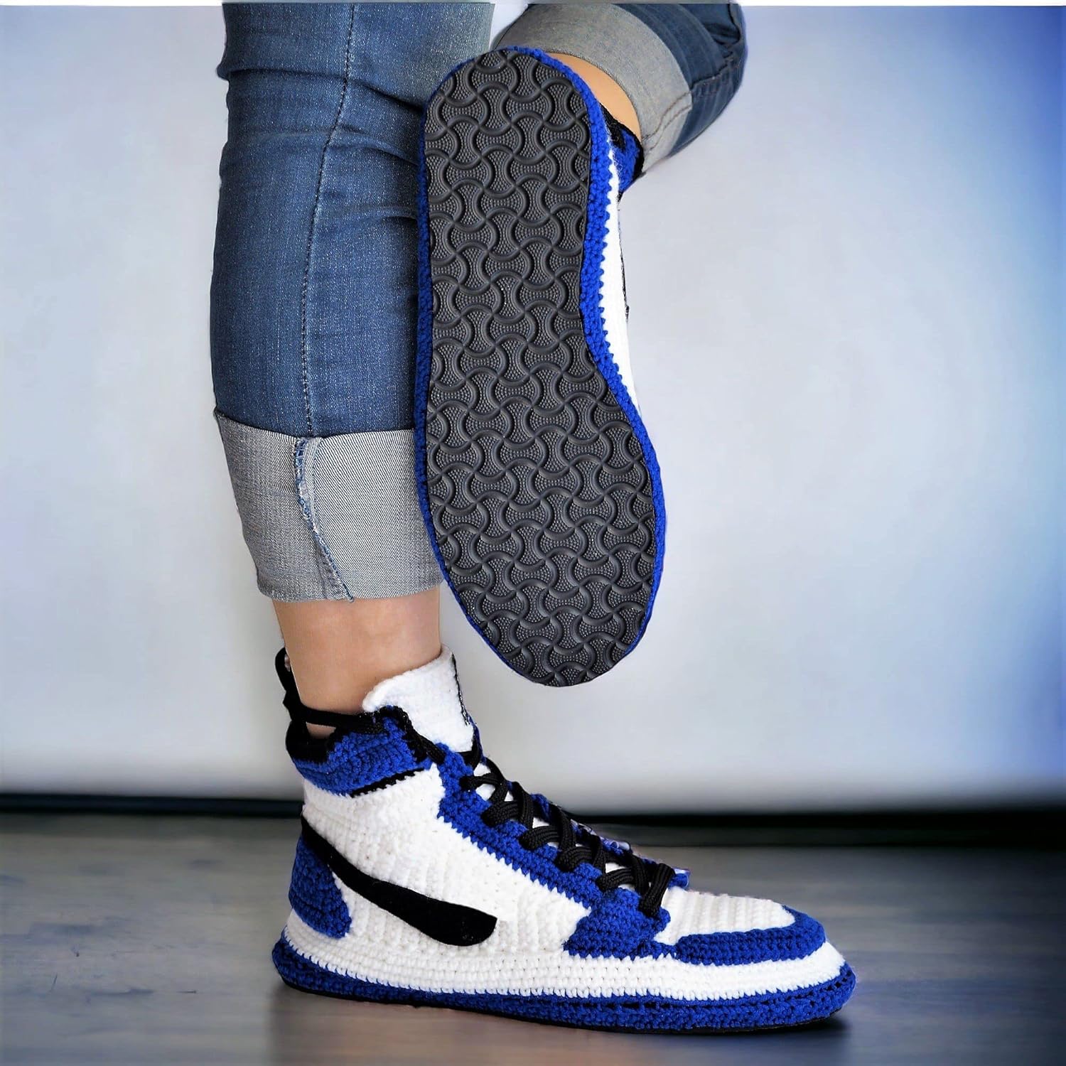 Custom Handmade University Blue Jordan-Style Sneaker Slippers, Cozy Crochet Knit Plush Shoes, Unisex Cotton Wool Booties for Basketball Fans, Sneakerhead Hypebeast High Top House Footwear