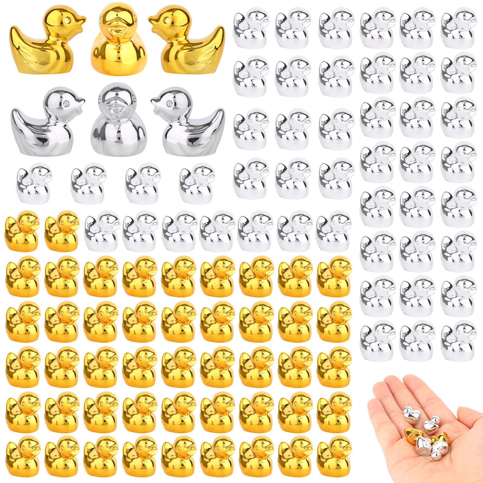 Sinbana 100pcs Mini Resin Ducks, Tiny Duck Figurines Mini Resin Animal Figures for DIY Miniature Garden Landscape Cake Decoration Accessories Party Favors (Gold, Silver)