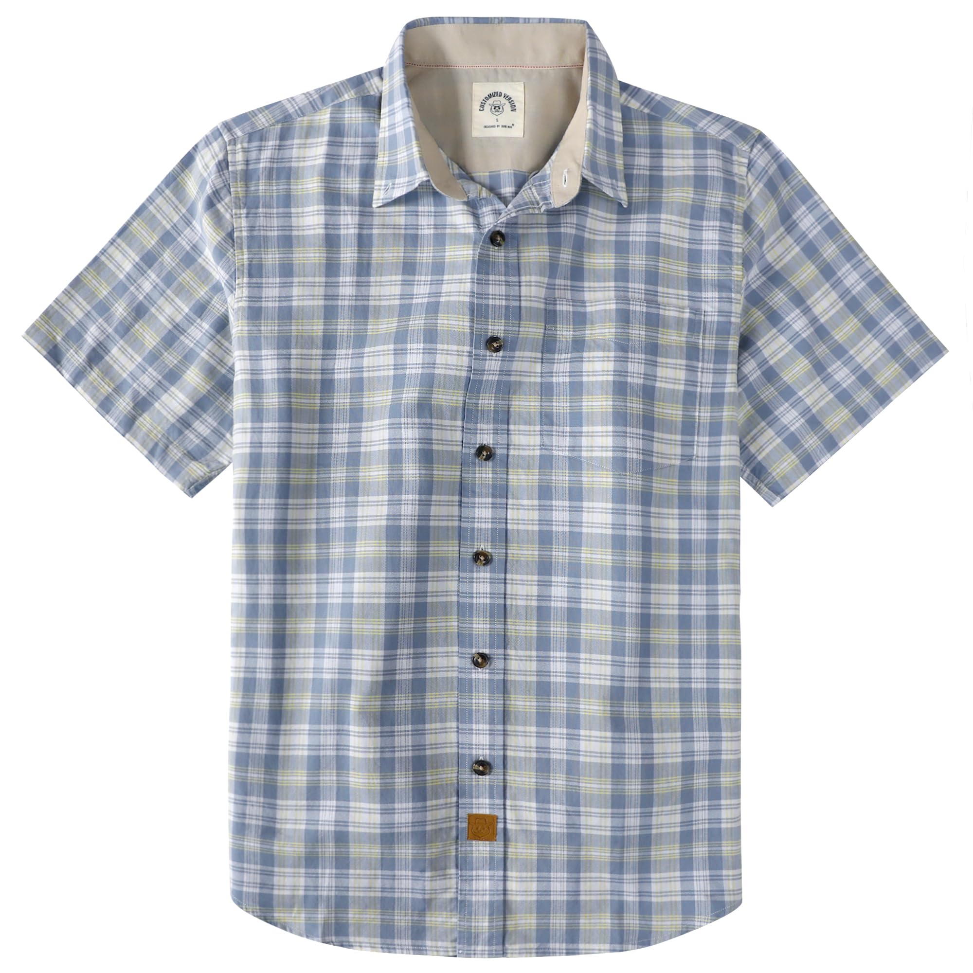 Dubinik® Mens Short Sleeve Button Down Shirts 100% Cotton Plaid Men's Casual Button-Down Shirts with Pocket
