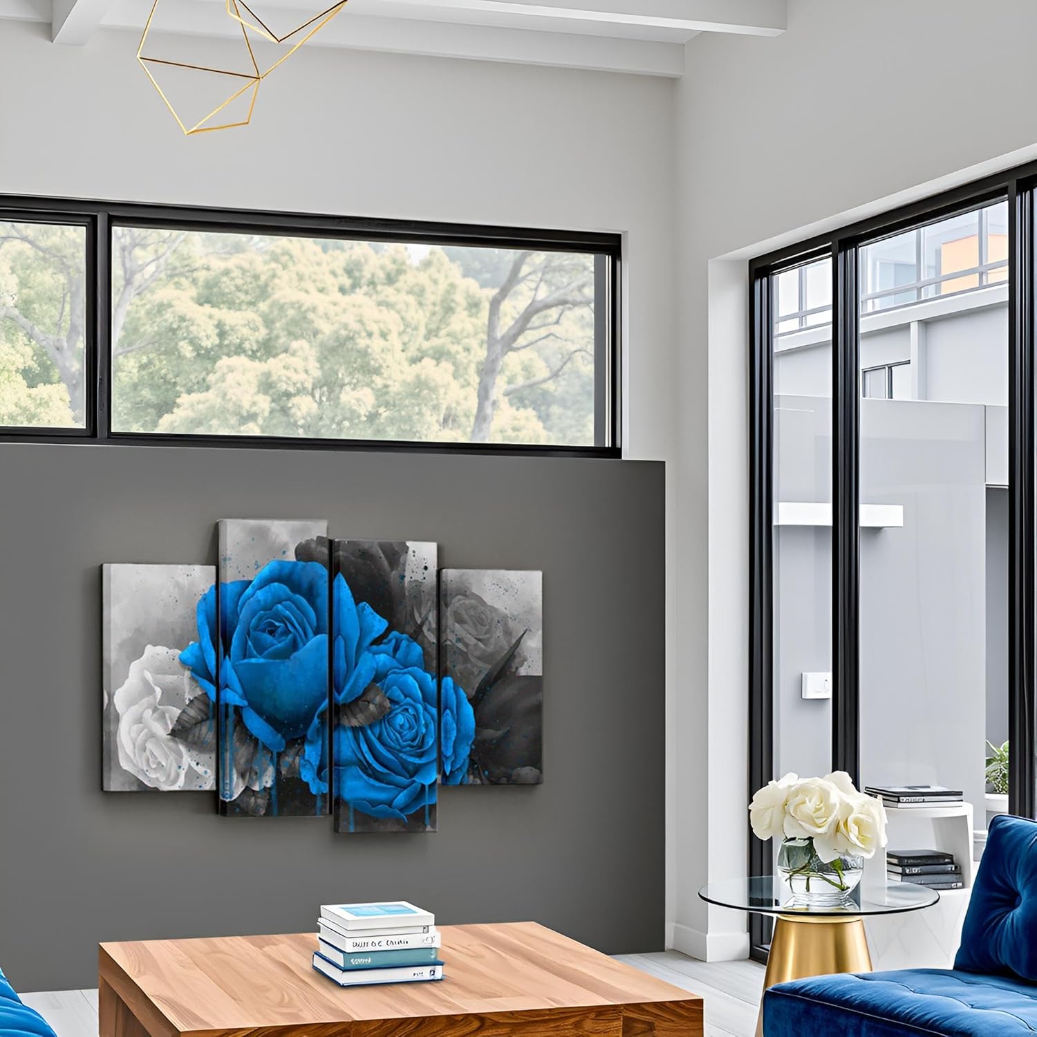 LevvArts 4 Piece Flower Canvas Wall Art Blue Rose Floral Painting Decor for Home Bedroom Kitchen Black and White Royal Blue Flower Canvas Prints Gallery Wrap Ready to Hang