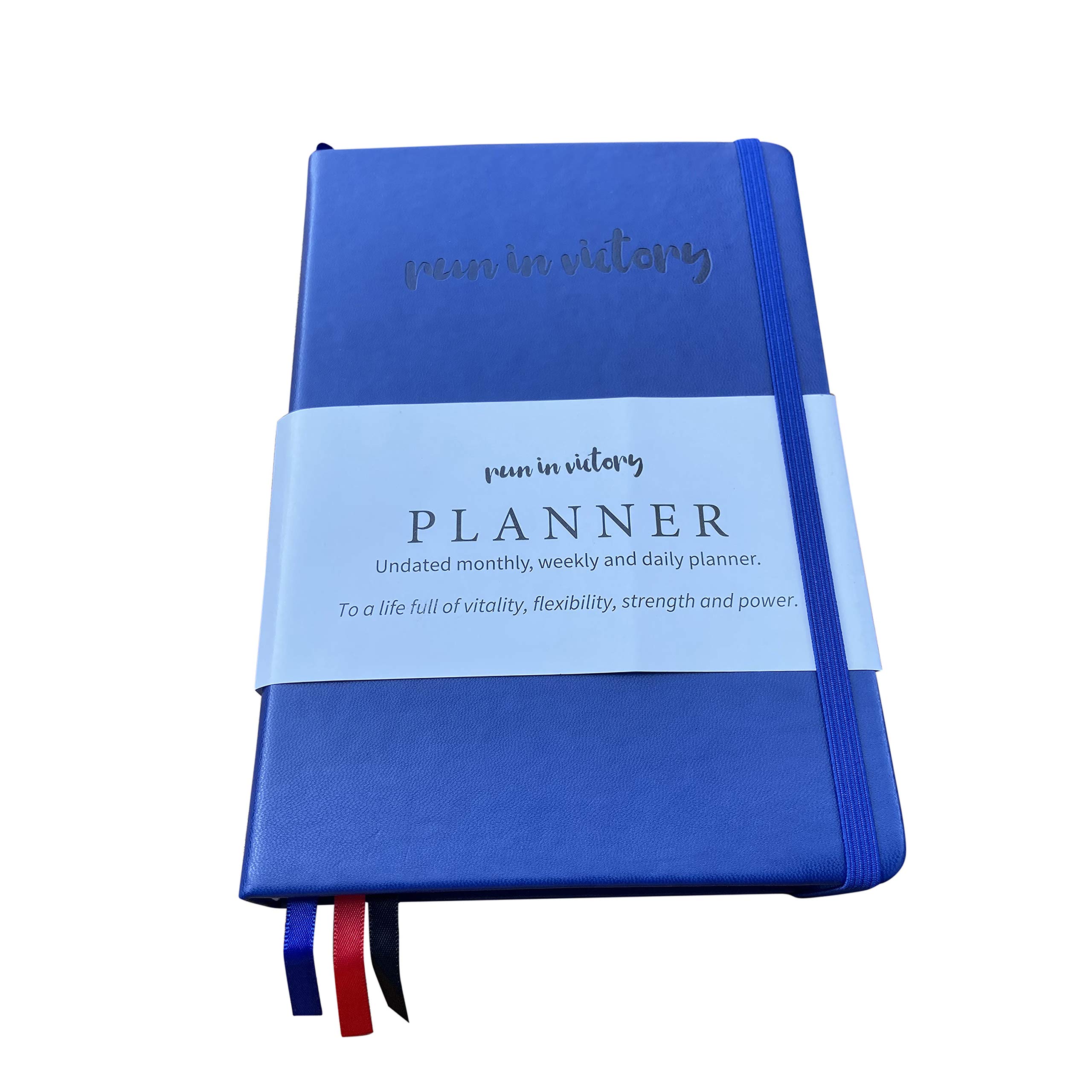 Run in Victory Undated Christian Planner– Daily Calendar and Gratitude Journal to Increase Productivity, Hardback bound leather, 6 Months A5 Planner (blue)