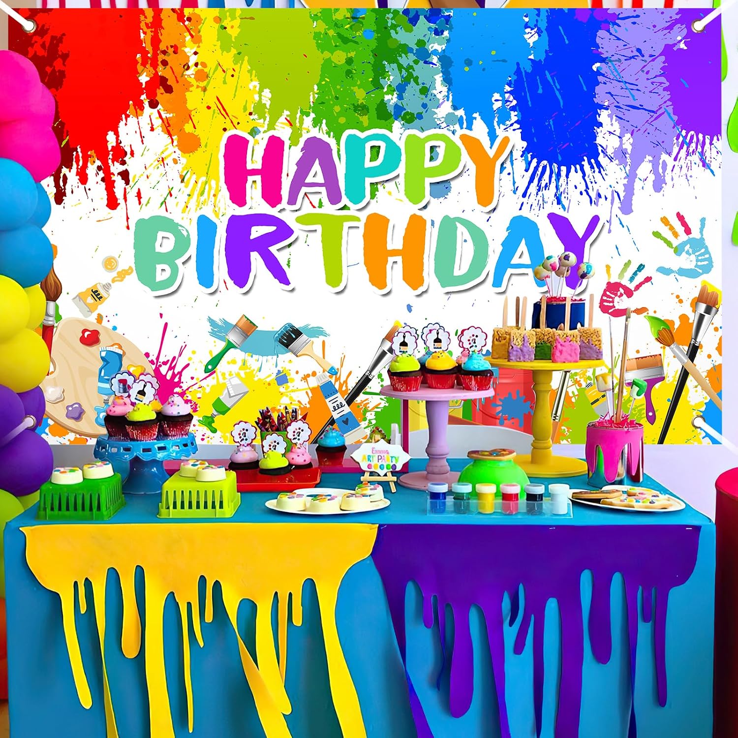 Avezano Paint Birthday Banner Boy and Girl Graffiti Art Party Decorations Painting Theme Happy Birthday Photo Backdrop 70.8 x 43.3 Inch Background for Kids