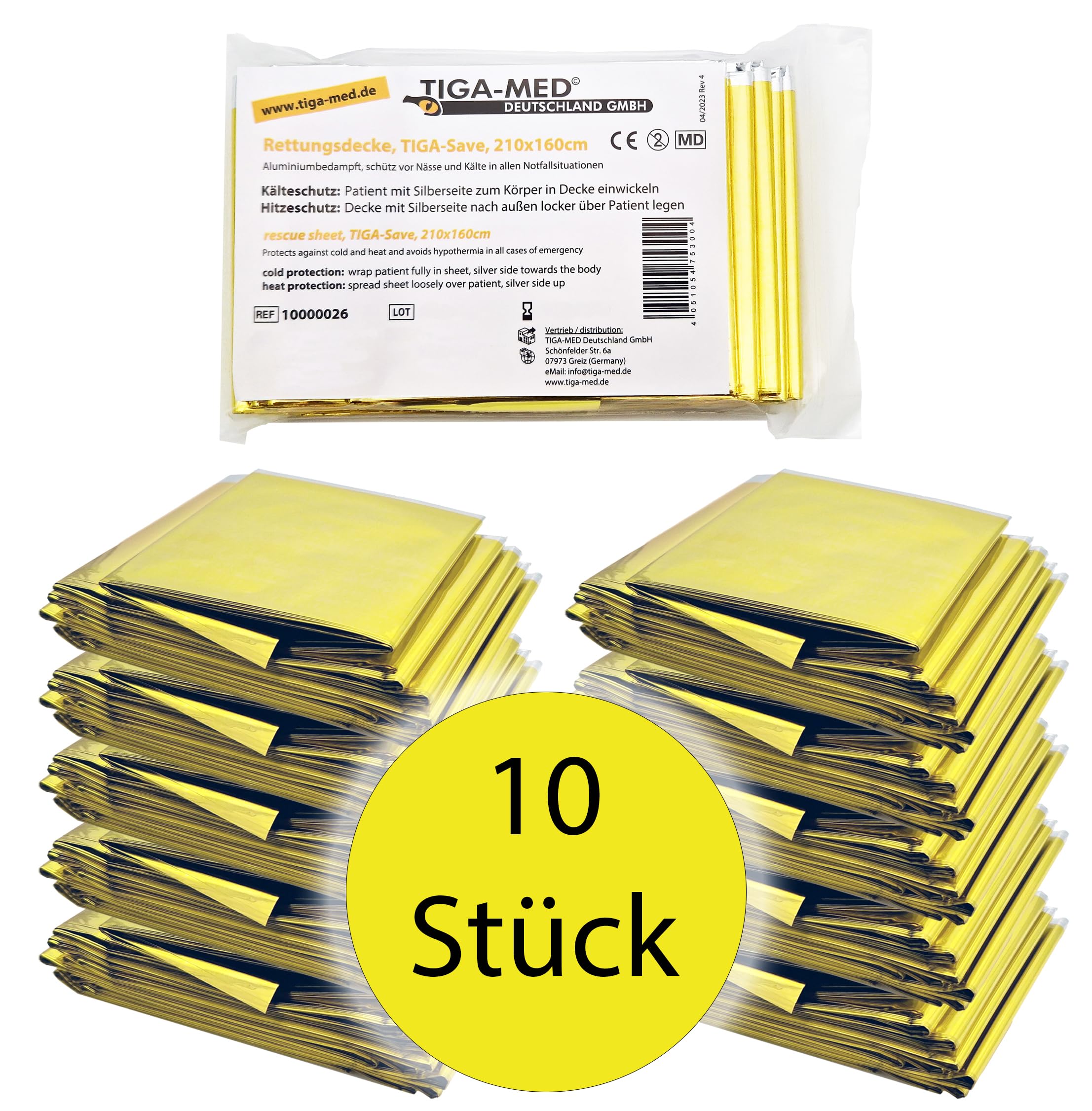 Tiga-Med 10x Rettungsdecke | 10 Stück | für Erste Hilfe, Auto, Notfall, Camping, Survial, Deko | Gold/Silber | 210x160cm | Rettungsfolie CE