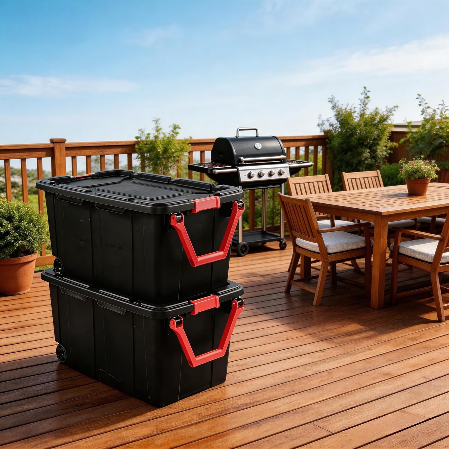40-gallon wheeled plastic storage boxes with handles, black, 2-pack