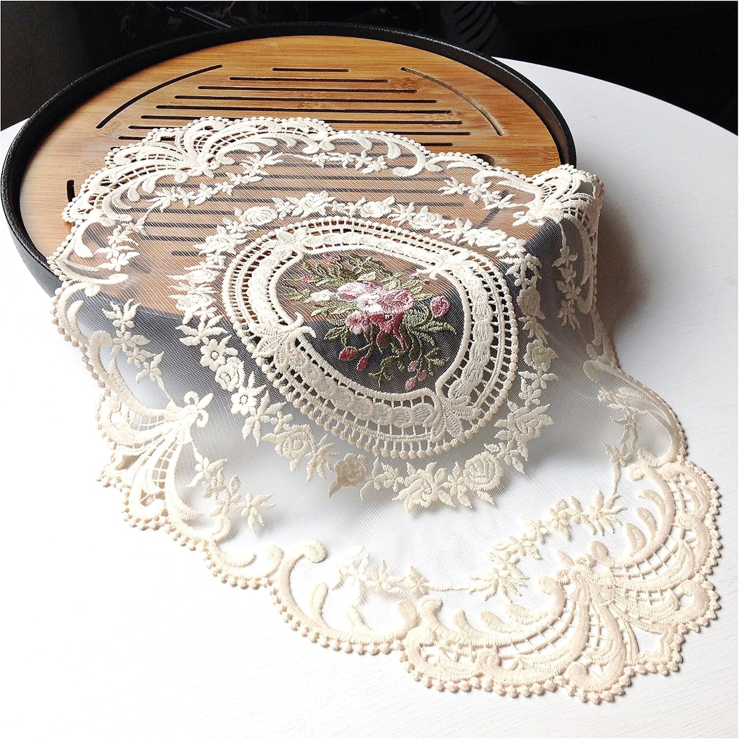 2PACK Retro French Style Lace Placemats Fashionable Embroidered Cup Mat vase mat 12”x16” (Beige 4pcs)