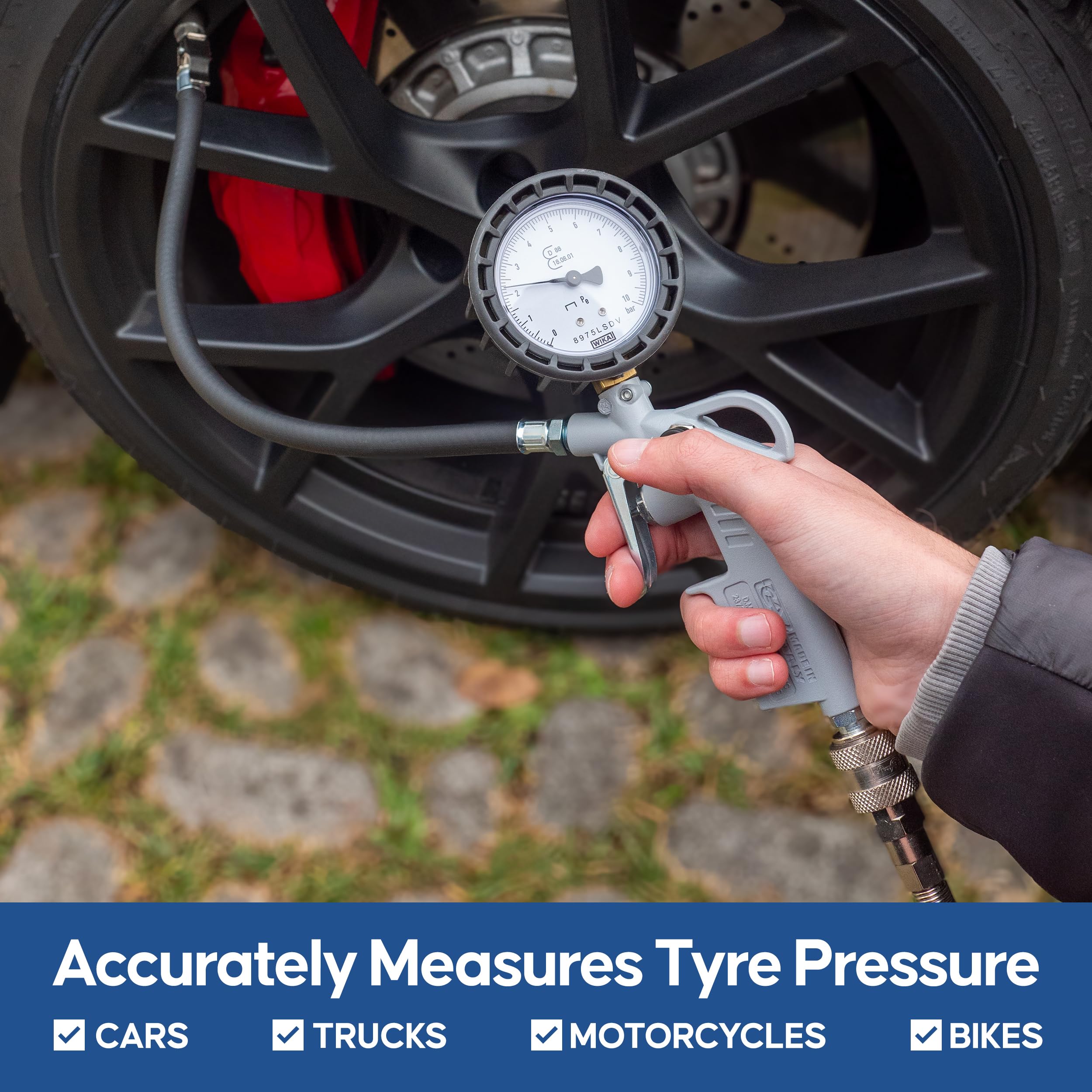 GAV Reifenfüller Messgerät mit WIKA 63mm Manometer - Reifenfüllpistole aus Aluminium - Profi Reifendruckprüfer Druckluft für Auto, Motorrad, Lkw - 60DT - Geeicht