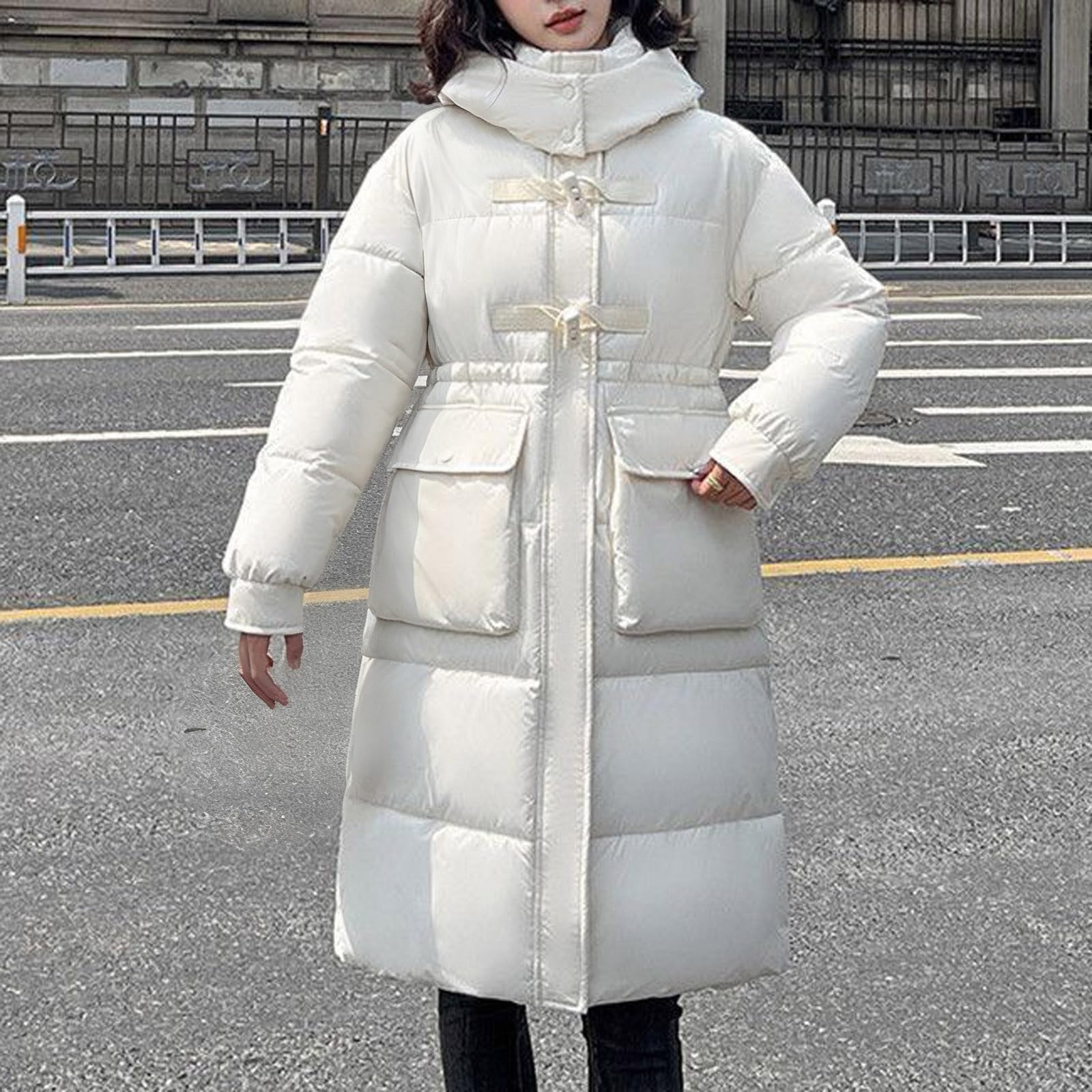 Abrigo largo acolchado de invierno para mujer, talla grande, largo hasta la rodilla, chaqueta alternativa de plumón abrigada con capucha.