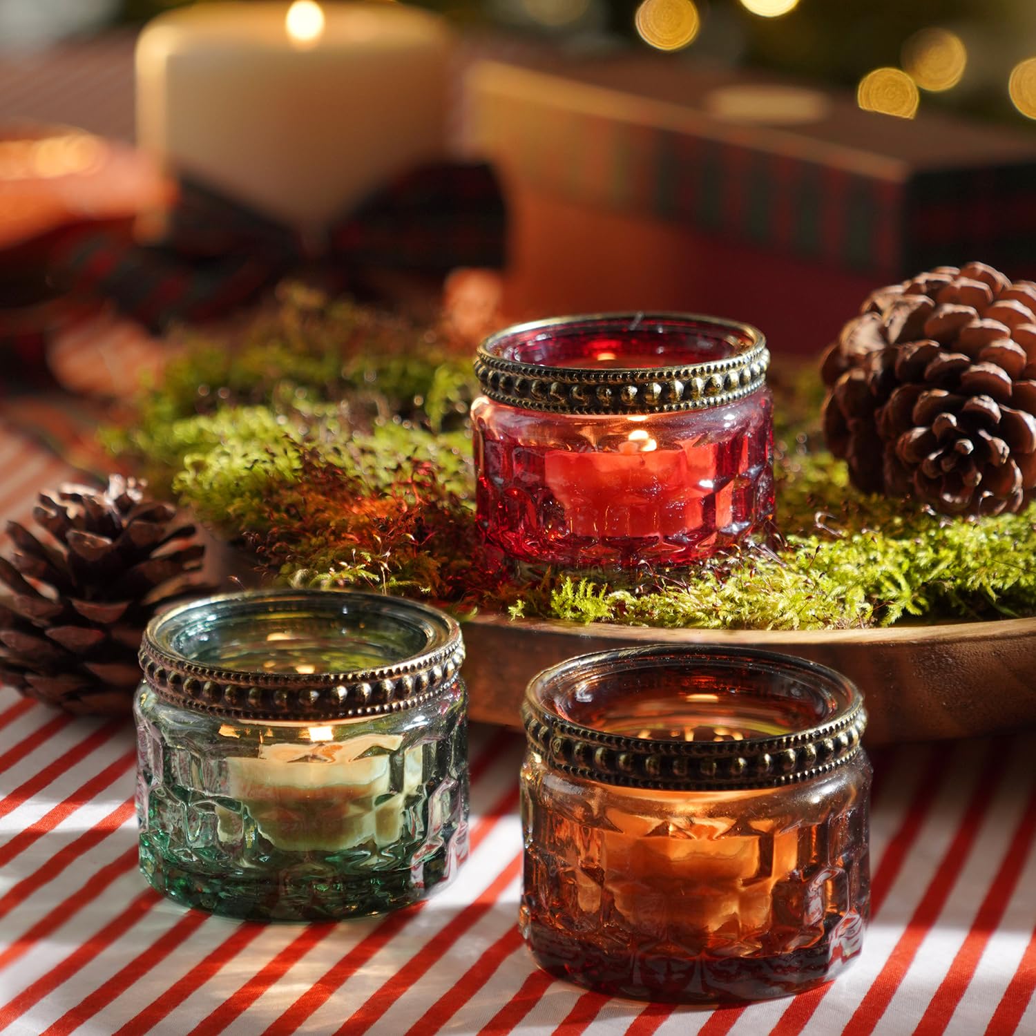 Pure Home + Living Green Red Amber Honeycomb Textured Glass Tealight Holders add a Warm, Festive Glow to Living Rooms, Dining Tables, or Shelves. Perfect for Holiday décor or Gifting.(Pack of 3)-image-48