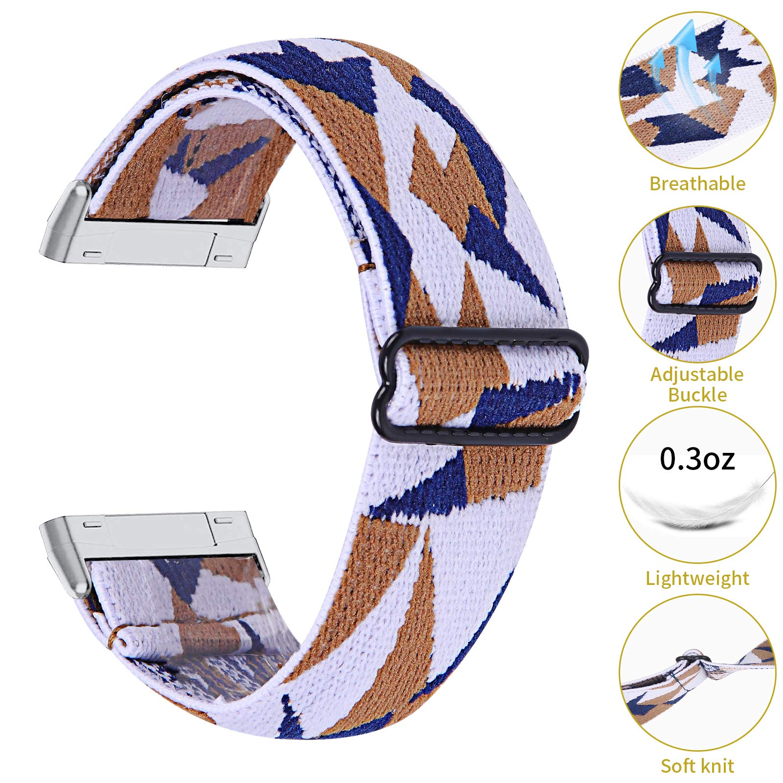 TRISTRAPS Nylon Watch Strap Compatible with Fitbit Versa 3/Sense Strap,Soft Elastic Breathable Replacement Sport Wristbands for Men/Women,18 Colours for Chosen (Blue+white+brown) - Image 4