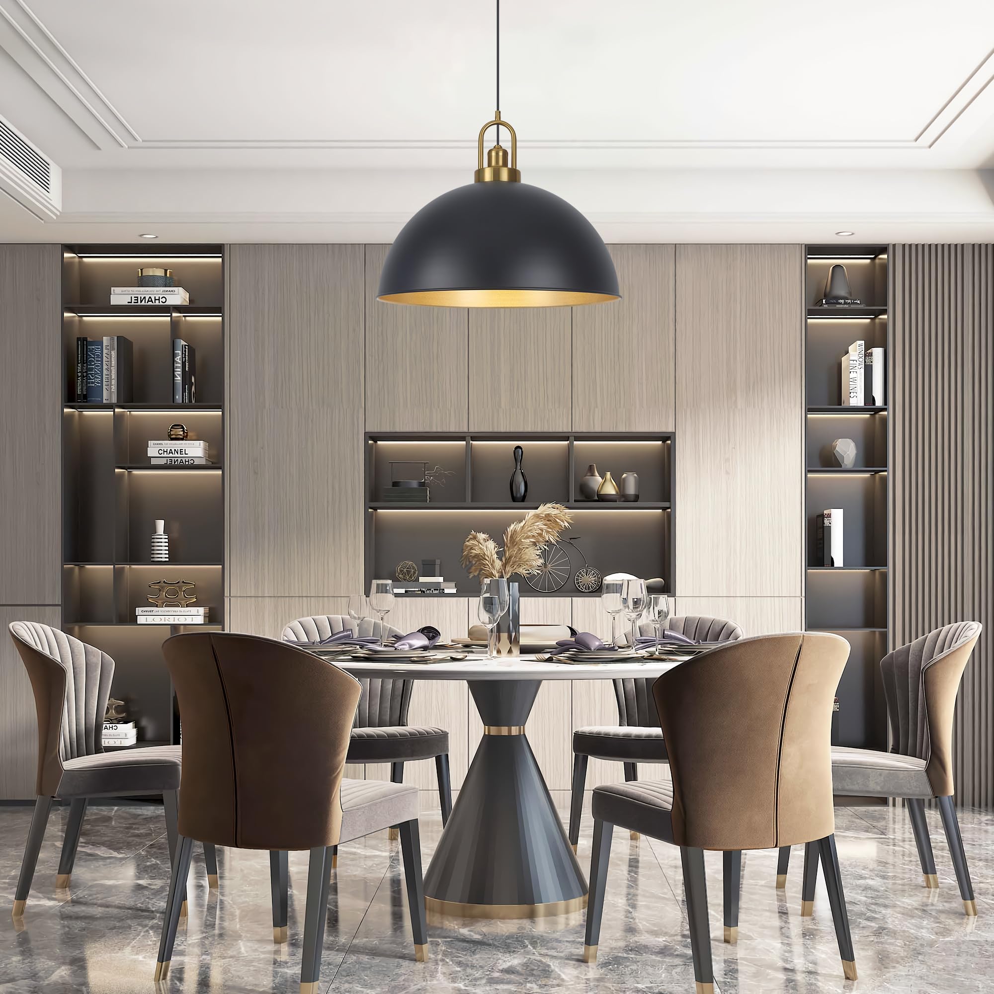 Matte Black Dome Pendant Light 19.68" Large Farmhouse Chandelier Adjustable Metal Hanging Lighting Fixture for Kitchen Island Bedroom Dining Room and Restaurant