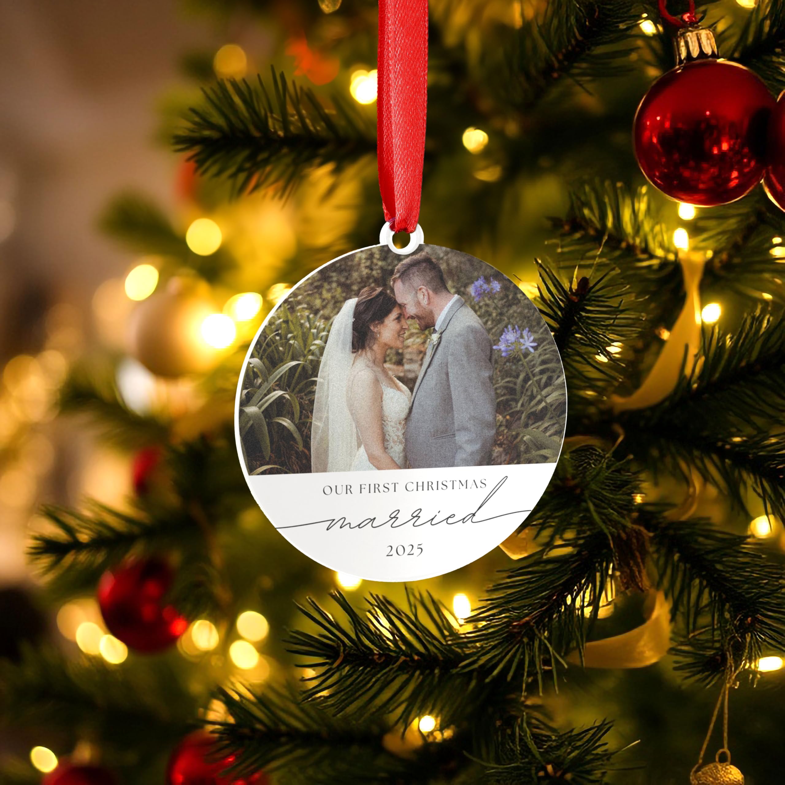 A1 Graphics Ltd White Personalised Christmas Bauble Photo Ornament Couples Gift Newly Weds Engagement Wedding Present Photo Married Engaged Design (White)