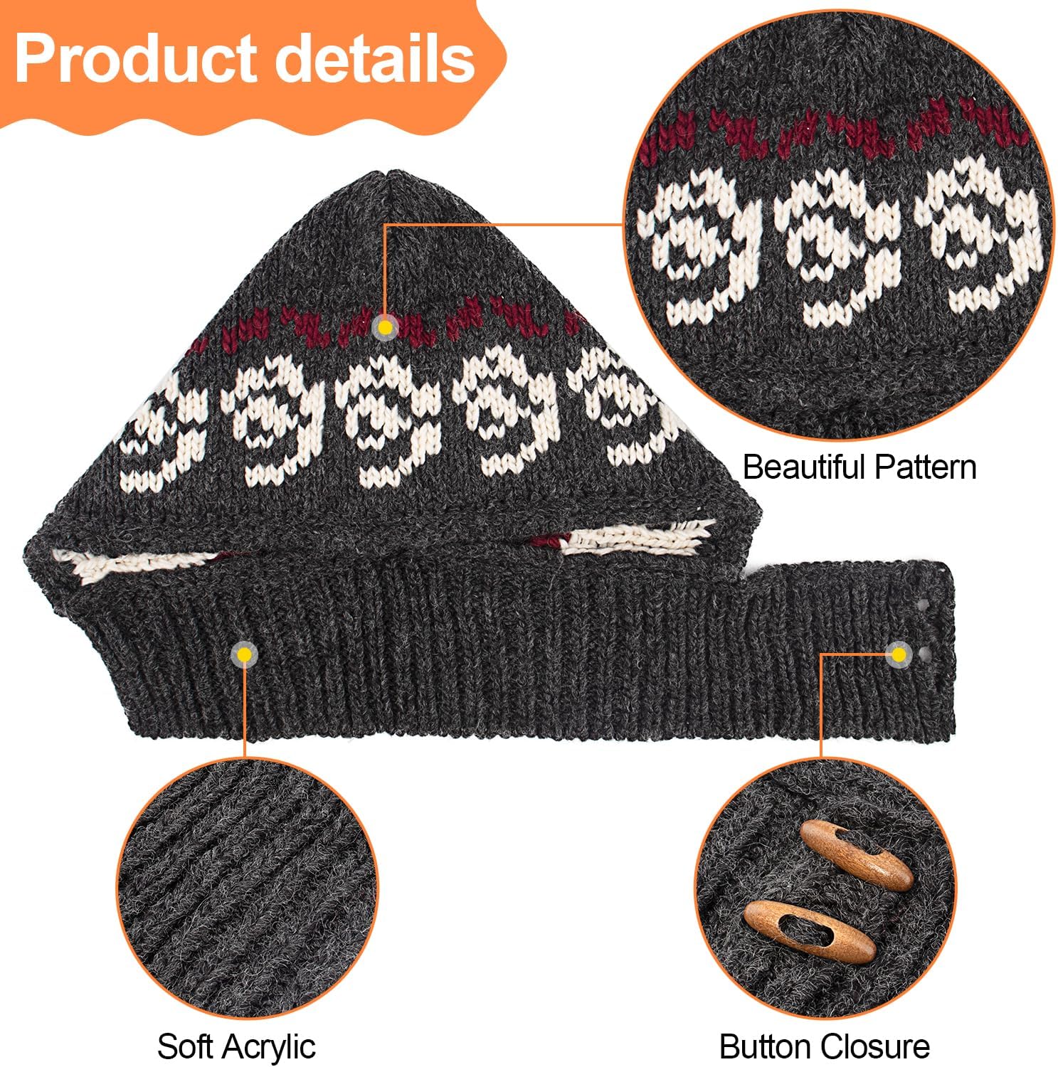 Peicees Hooded Scarf Hat Knitted Balaclava for Women, Fashion Pattern Beanie Hat Neck Gaiters for Winter Warm - Image 3
