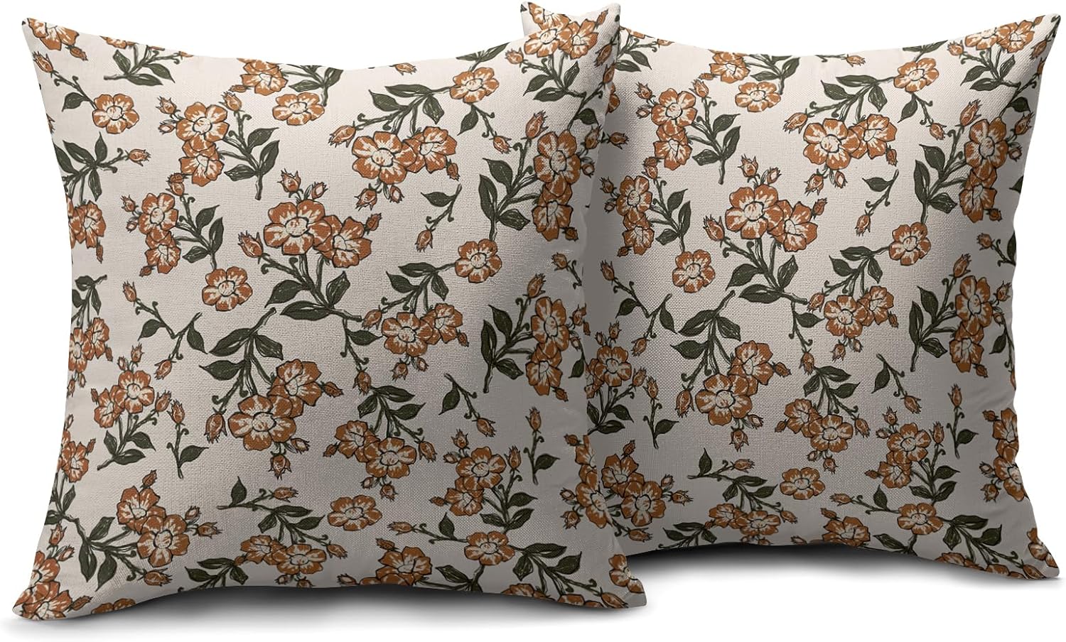 Orange Olive Green Vintage Floral Pillow Covers 18x18 Set of 2 Fall Flower Print Decorative Throw Pillows Outdoor Rustic Farmhouse Seasonal Pillowcases Cushion Case Decor for Home Sofa Couch Bed - Image 2