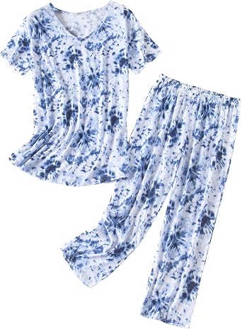 Inadays Womens Cotton Pajama Sets Short Sleeve Top With Capri Pants 2 piece sets for Women Summer Pajamas Lounge Set