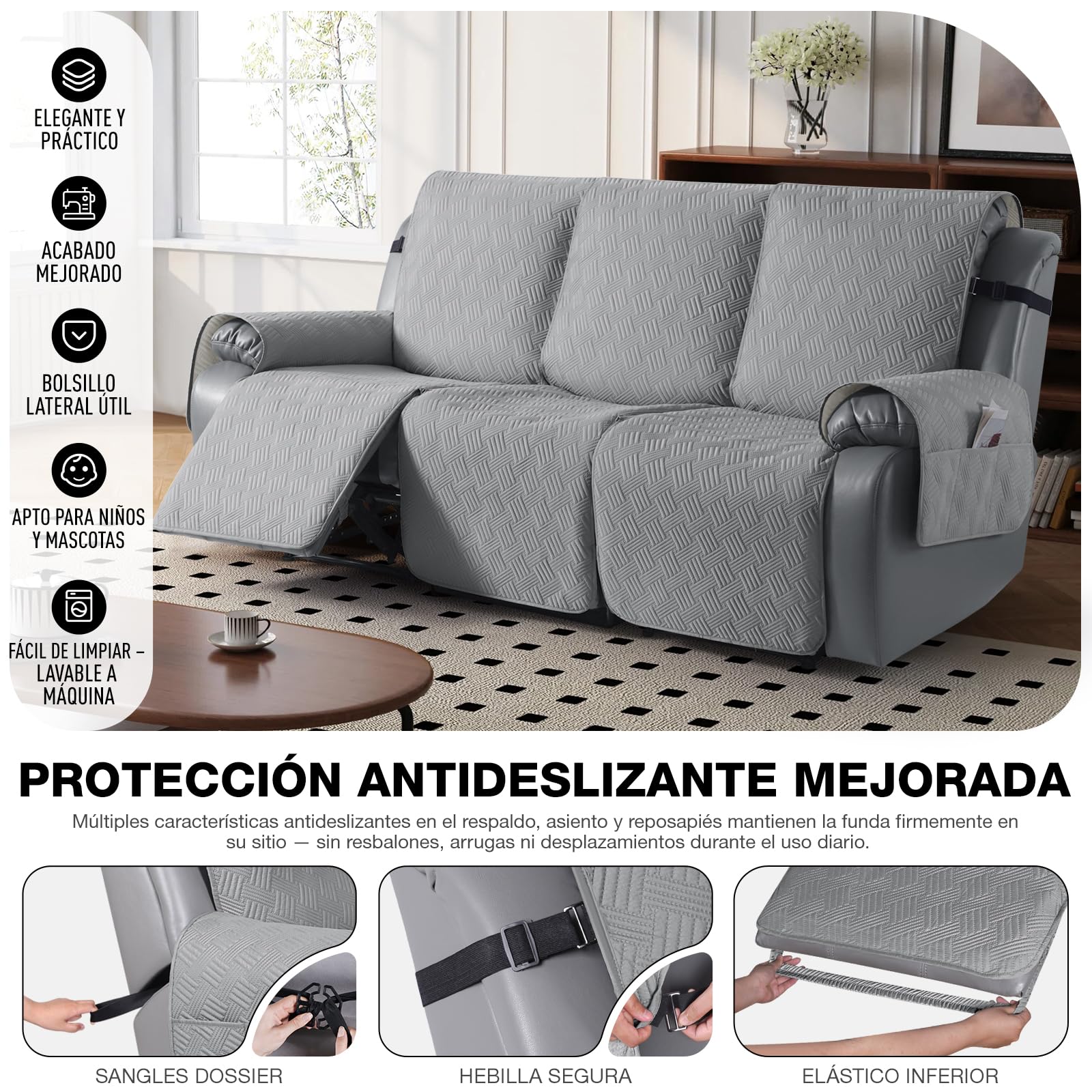 KinCam Funda Sillon Relax reclinable, Impermeable Funda para Sillón Relax con Bolsillo Laterales y Correas elásticas para Perros y Mascotas, Suave y Lavable Funda Sofa 3 plazas Gris Claro