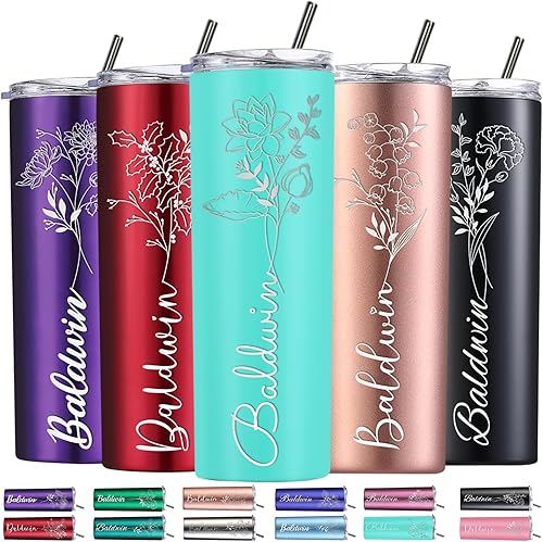 Regalos personalizados para mujer, vaso personalizado grabado con flor de nacimiento de 20 onzas, vaso delgado con nombre personalizado con tapas y