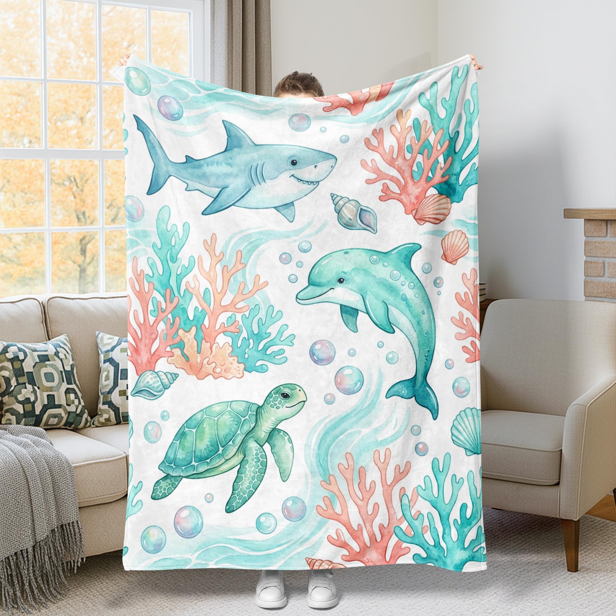 Couverture requin esthétique turquoise en peluche fine pour salon chic