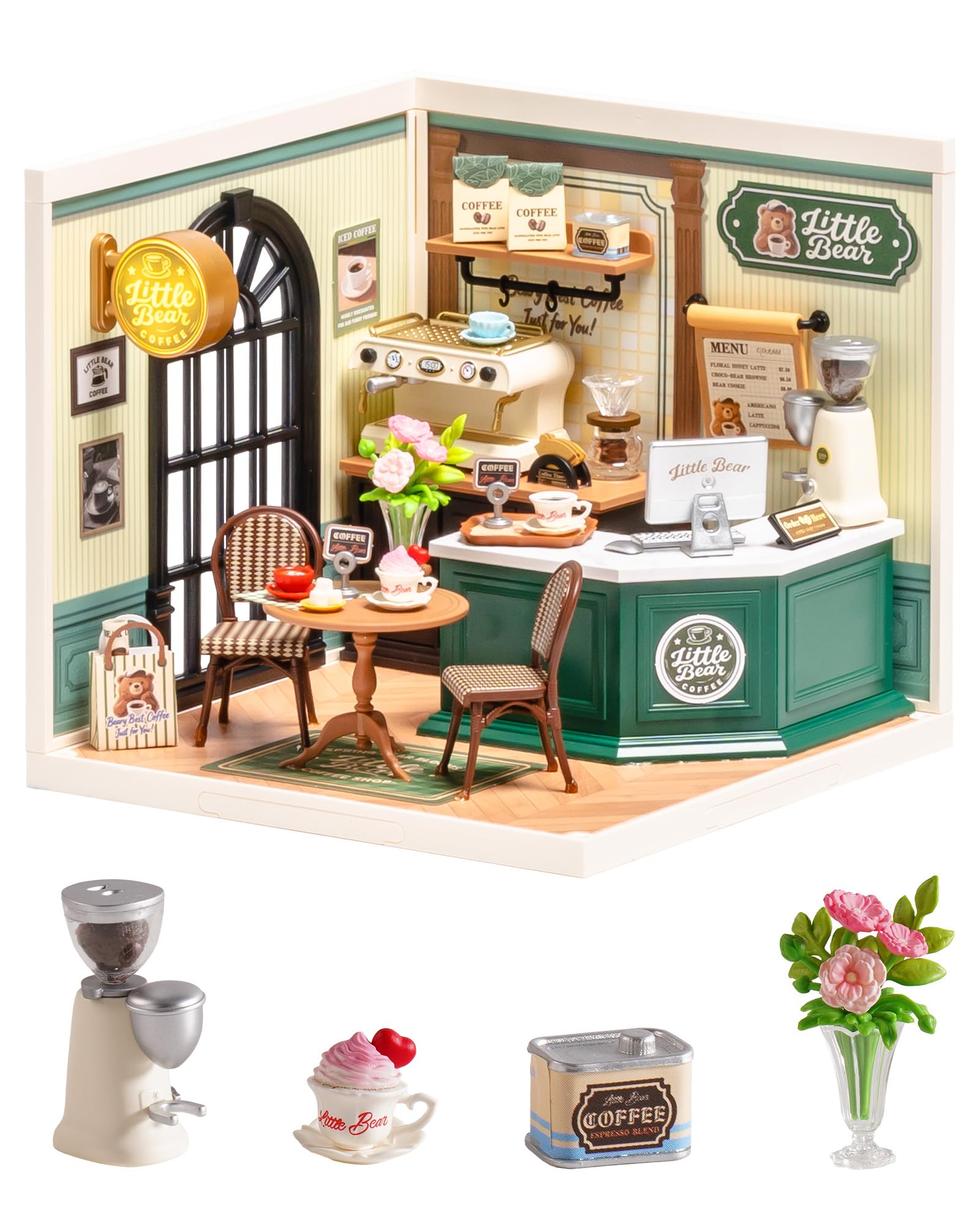 Rolife Super Creator Perfect Romance Café, DIY Miniature House Kit with Light, Plastic Dollhouse Furniture Kit No Glue, Model Building Kit for Adults & Teens, Creative Hobby Gift for Girls