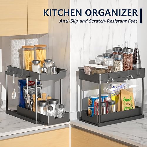 Miniatura 4 de mosala Paquete de 2 organizadores y almacenamiento debajo del fregadero, armario deslizante de 2 niveles, organizador debajo del fregadero con