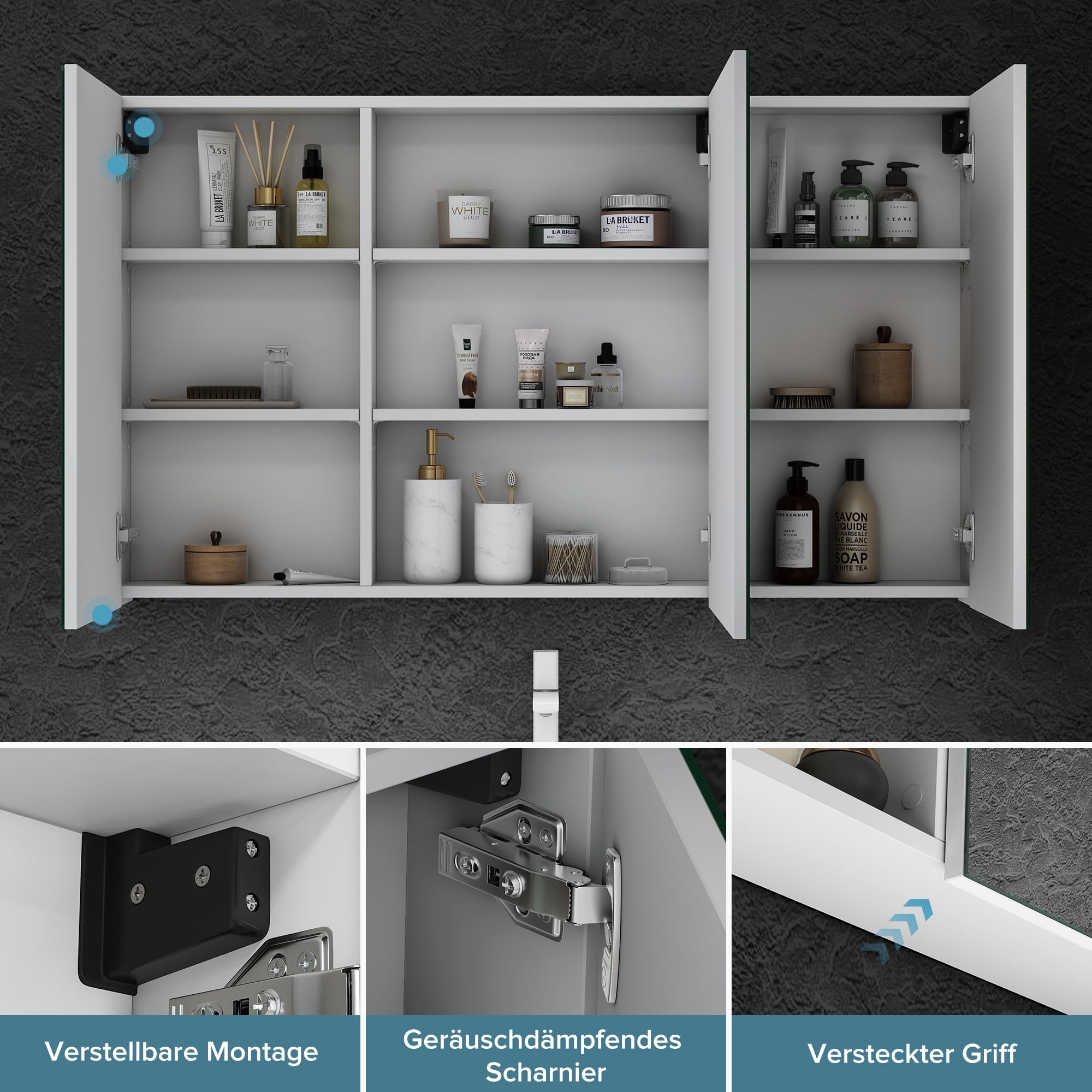 doporro Armadietto a Specchio 120x15x70cm, Specchio da Parete con 3 Ante in Legno Bianco Opaco Spiegelschrank 02
