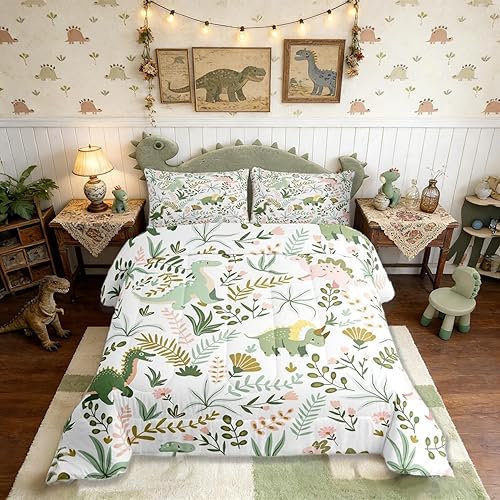 Castle Fairy Cute Dino Kids Comforter Set King Size,Kawaii Pink Green Dinosaur B