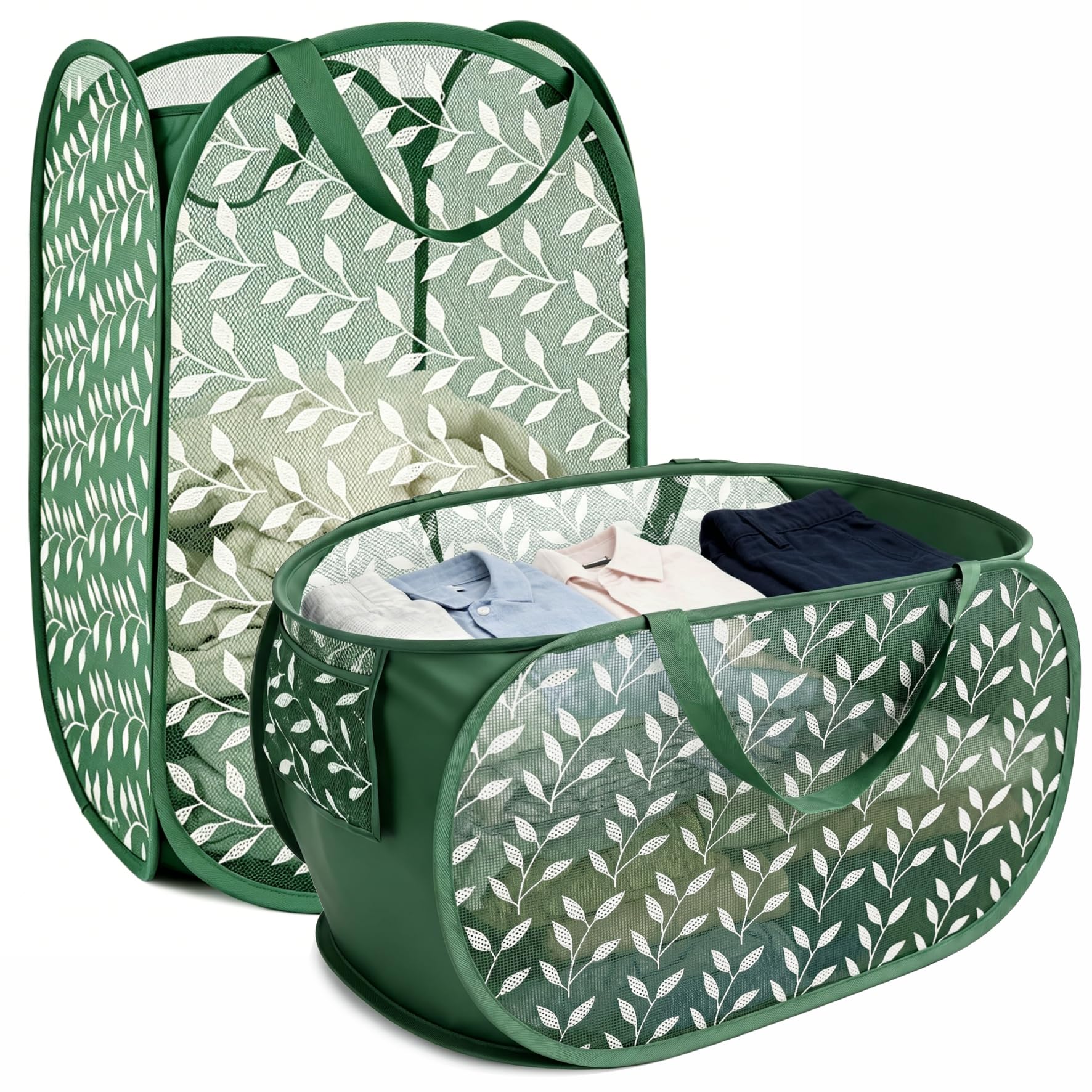 BOSNONA Pop Up Laundry Baskets Set 2 Pack 75L Foldable Laundry Basket Collapsible Laundry Baskets for Bedroom Dorm Travel (Green Leaves(Horizontal & Vertical))