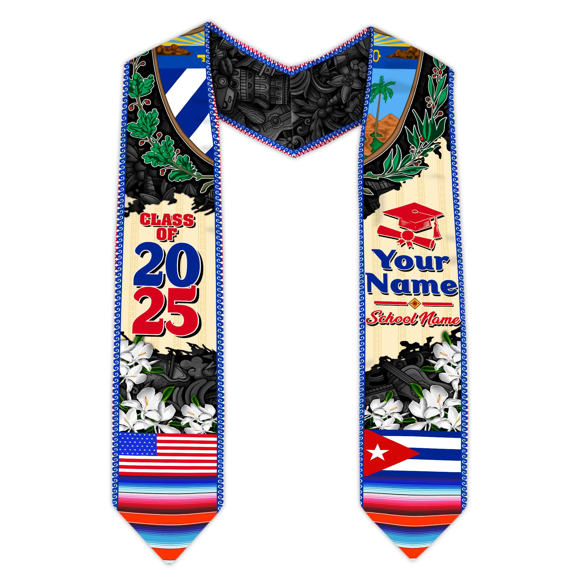 MonkeyVan Custom Cuba Graduation Sash 2025, Personalized Cuban American Flag Graduation Stole, Custom Cuba Graduation Stole S128