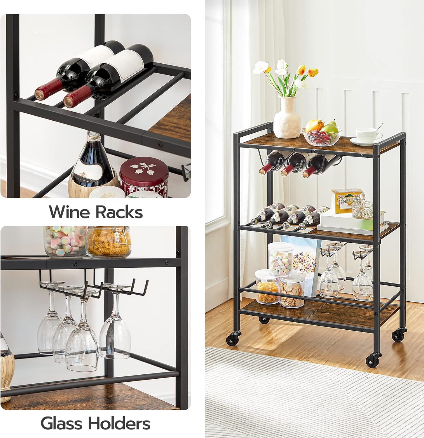 HOOBRO Kitchen Island and Bar Cart Bundle, for Home, Living Room, Party, Bar, Rustic Brown BF12ZD01-BF35TC01G1