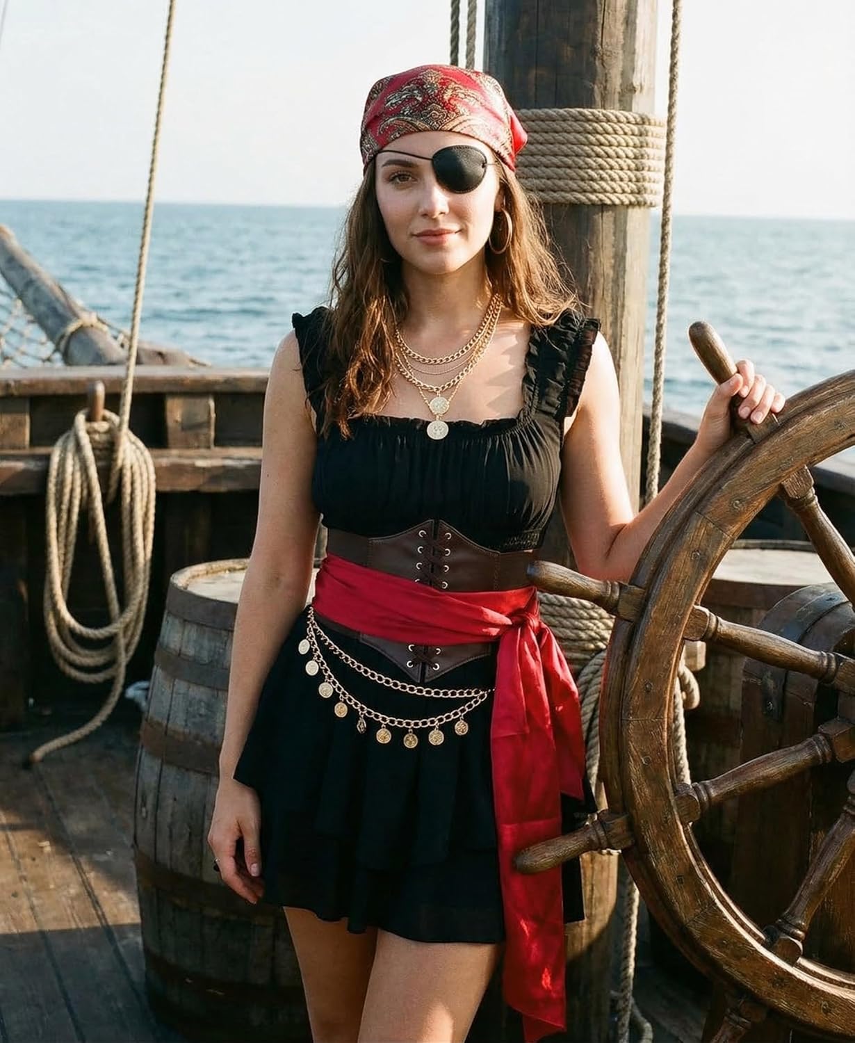 Pirate Costume Women Dress Corset Head Scarf Sash Chain Belt Necklace Eye Patch Party Outfit Pirate Accessories