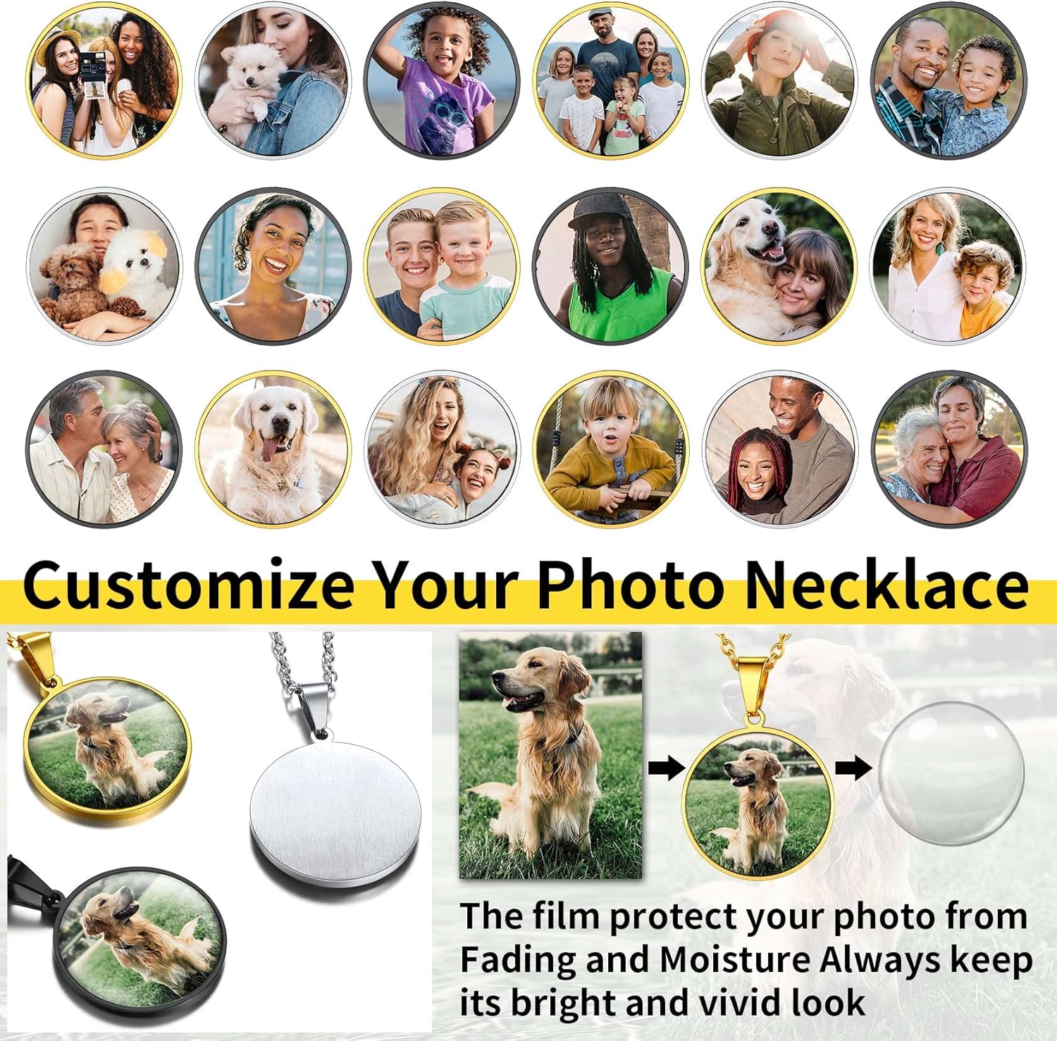 ChainsHouse Personalized Photo Necklace Men Women, Stainless Steel/18K Gold Plated Chain, Custom Picture Image Engrave Text Rectangular/Heart/Oval/Dogtag Pendant DIY Memorial Jewelry,Send Gift Box