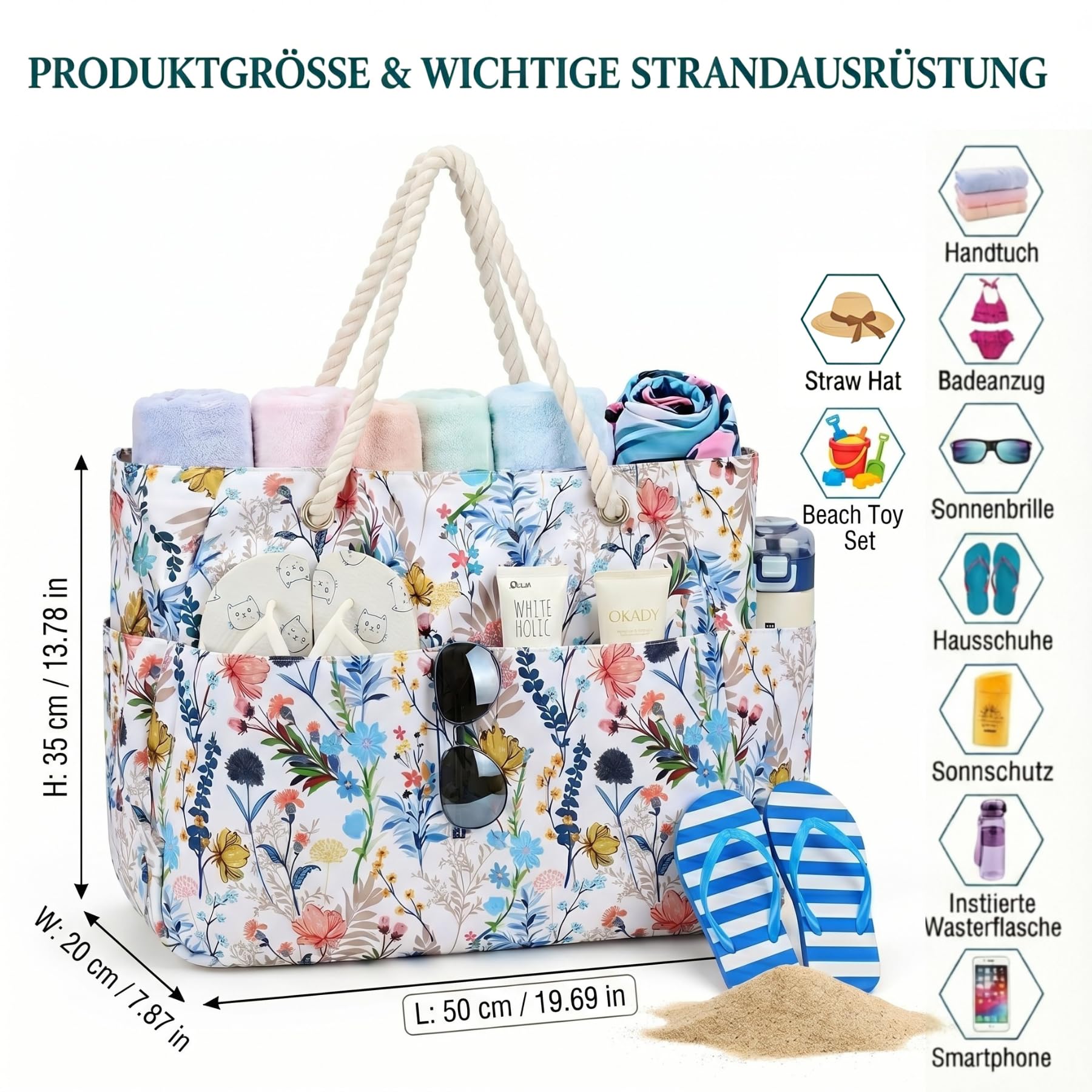 Suweir Strandtasche Groß Badetasche xxl Familie mit Reißverschluss Damen Beach Bag mit Nasstasche Wasserdicht Shopper Tote Bag Saunatasche Schwimmtasche für Strand Schwimmbad Therme Reisen