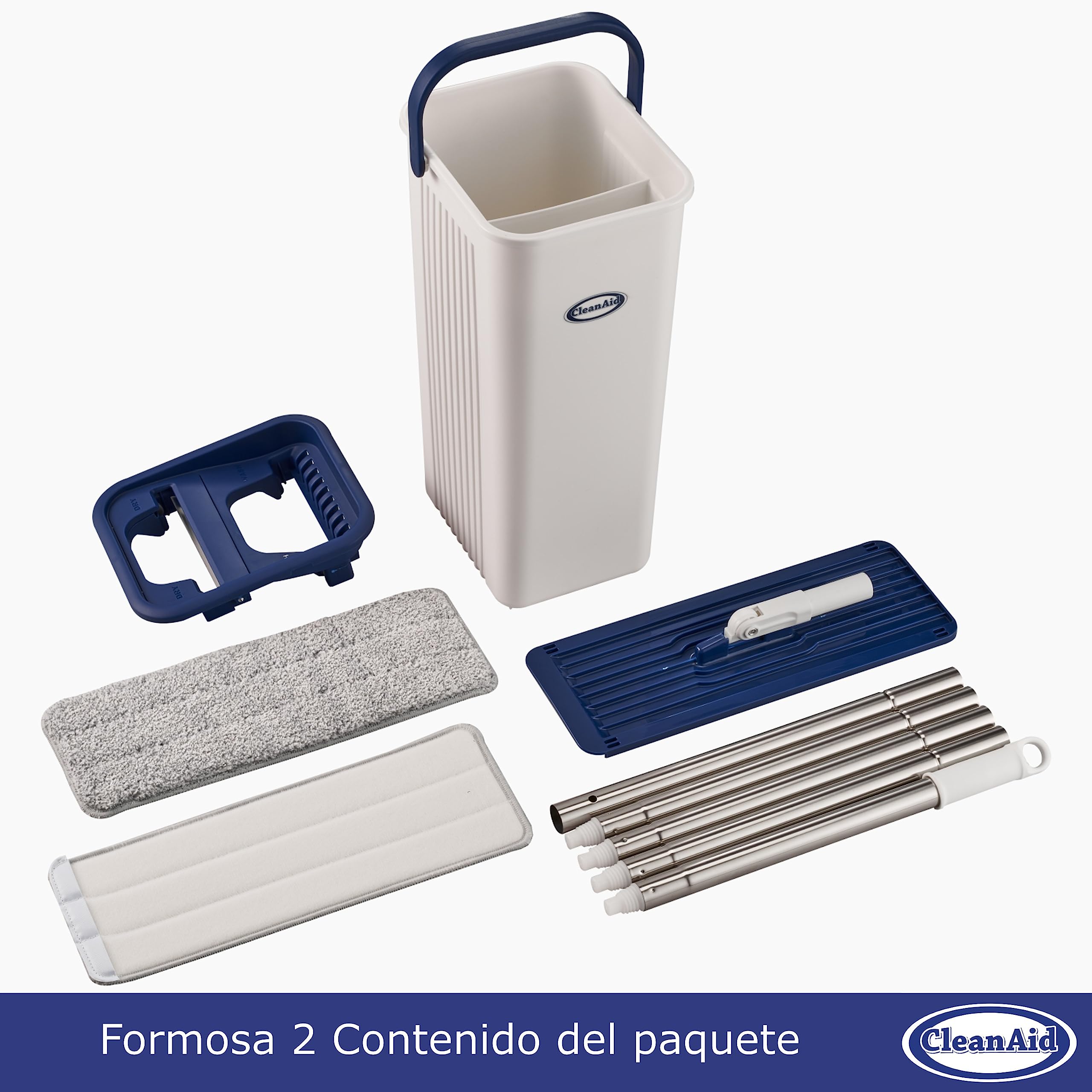Formosa 2 - Kit de mopa y Cubo - Cabezal Plano de 360 °, cubeta para la mopa Compacto con escurridor, Mango Extra Largo de Acero Inoxidable de 155 cm - para Superficies Lisas