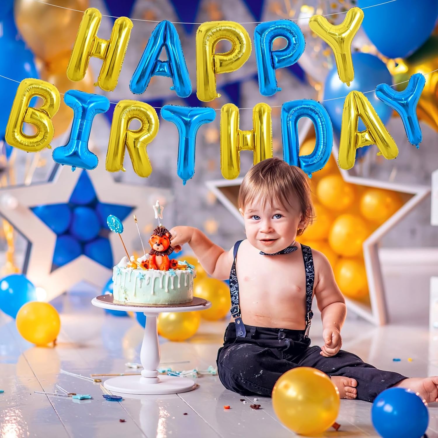  Blue Gold Happy Birthday Balloon Banner Decorations for Adults Kids thumbnail