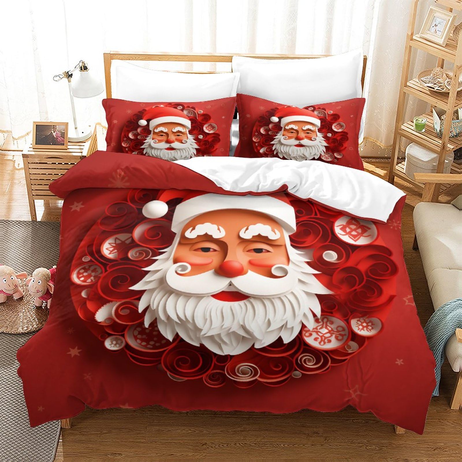 Parure De Lit Noël 1 Personne 160x200 Cm - Microfibre, Motif Père Noël, Avec Housse De Couette à Zip Et Taies
