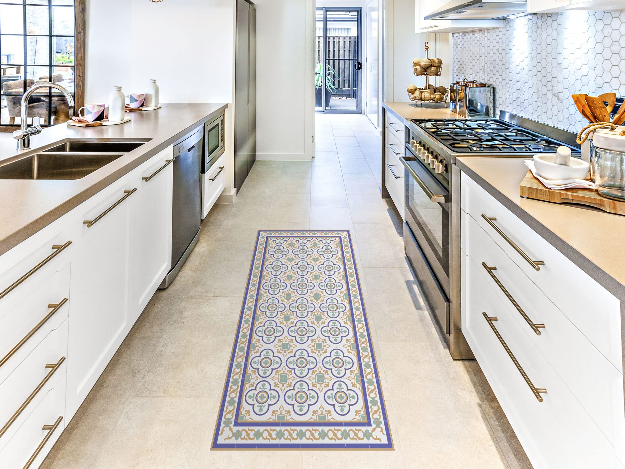 Oedim Tapis mosaïque vintage design bleu foncé, 120 x 95 cm, tapis de cuisine en vinyle, tapis de salon antidérapant, sol en vinyle