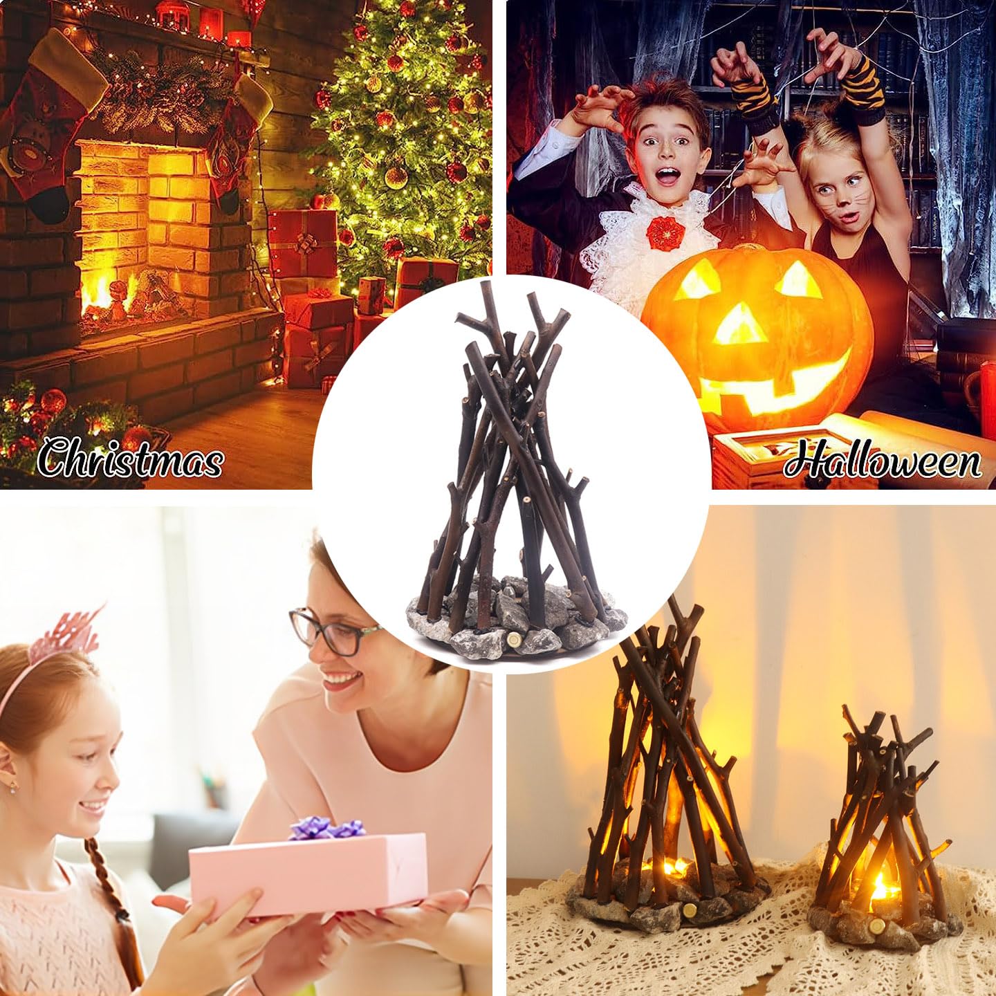 lampada retrò a effetto falò con luce LED ricaricabile, effetto falò da campeggio, forma di ramo d'albero, 3 modalità, sicura per interni ed esterni, per tavolo, casa, decorazione natalizia'