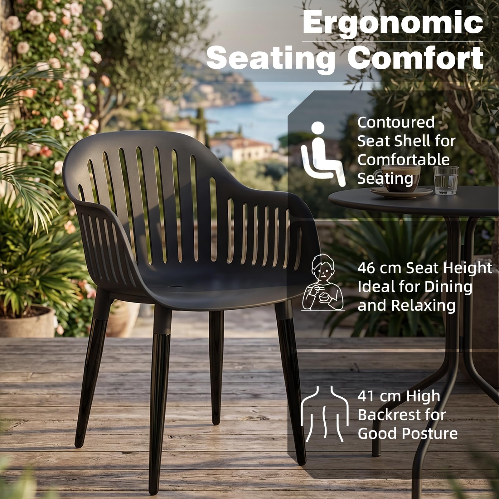 Gartenstuhl 8er Set, Outdoor Stühle Wetterfest mit Armlehne, Gartenstühle UV-beständig bis 120 kg, Terrassenstuhl Terrasse Balkon Outdoor Garten, Schwarz