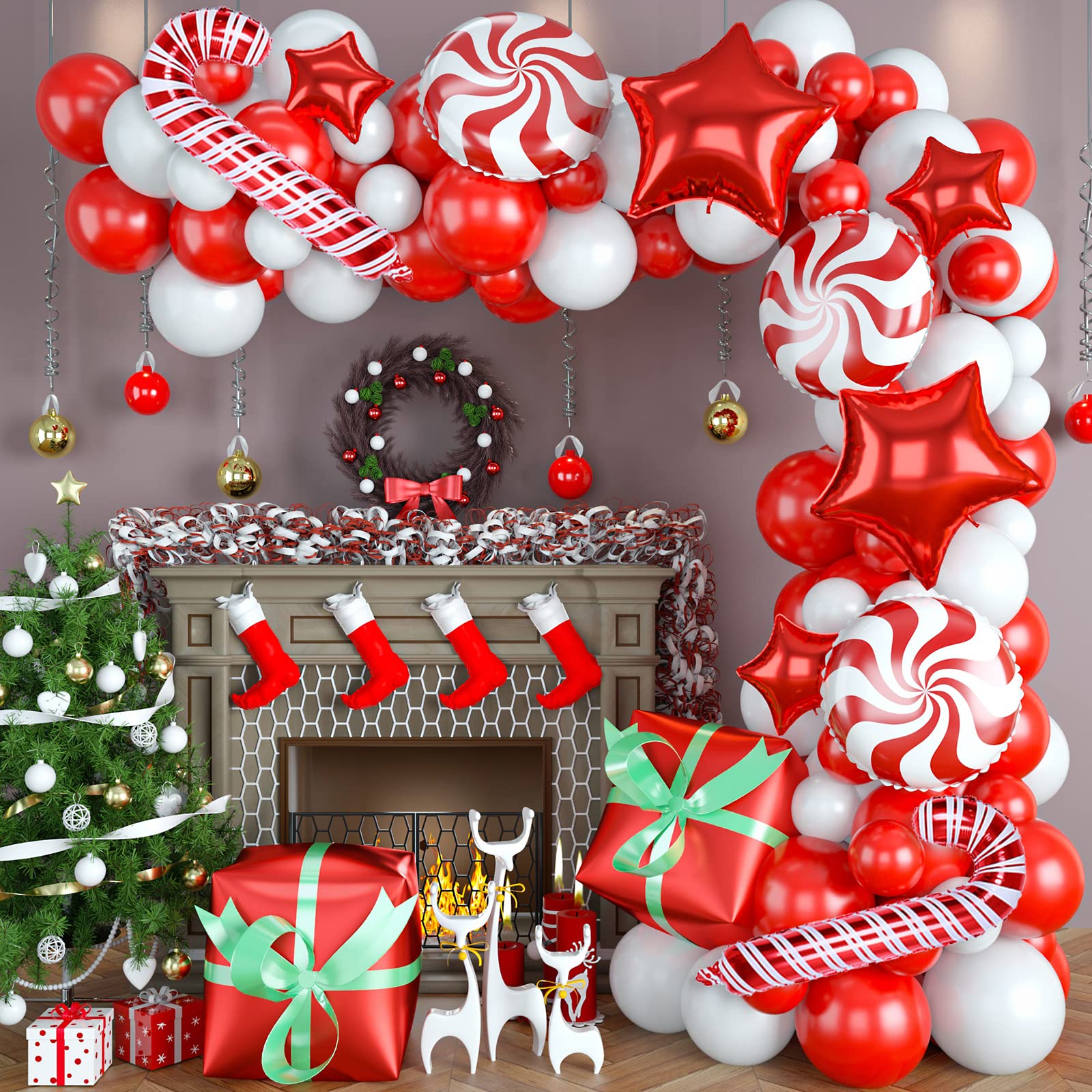 Christmas Balloon Arch Garland Kit, 117pcs Red White Xmas Latex Balloon Garland Kit With Candy Cane Balloons Red Star Gift Box Foil Balloons For Indoor Outdoor Xmas Party Background Decorations
