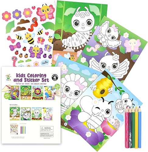 VKPI Juego de dibujo y calcomanías para niños, 4 hojas con calcomanías de 5.9 x 7.2 pulgadas, arte para colorear para niños de 2 a 4 años, 4 a 8 y 8