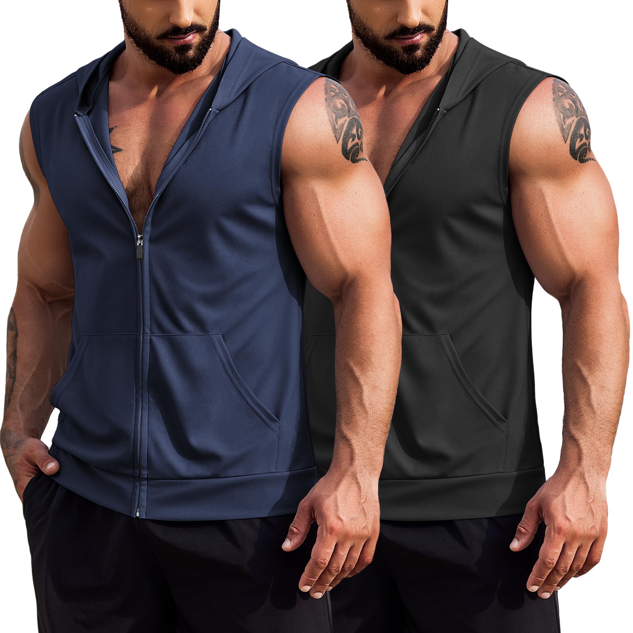 Men's Workout Hooded Tank Tops 2 Pack Zip Up Sleeveless Gym Shirts Muscle Cut Off T Shirt…