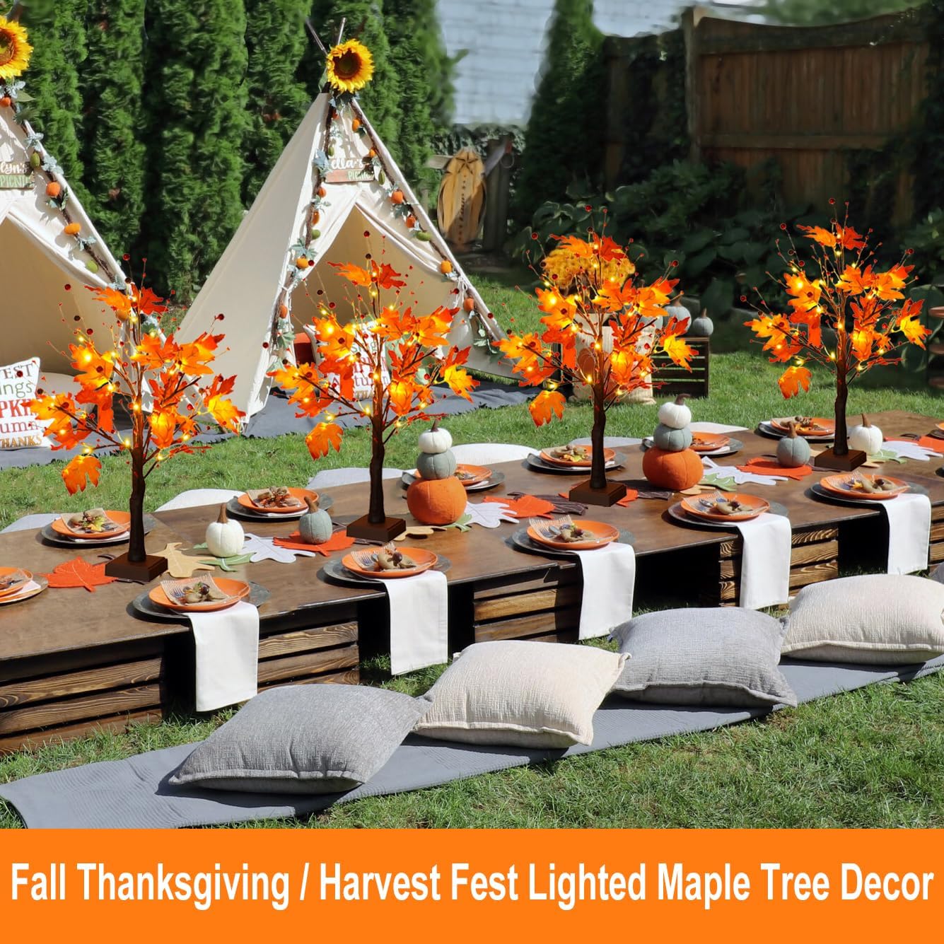 2 FT Artificial Tree with Lights for Fall Decor, 24 LED Autumn Maple Tree for Thanksgiving, Lighted Harvest Home Indoor Outdoor Decorations, Tabletop Lamp Centerpiece with Timer