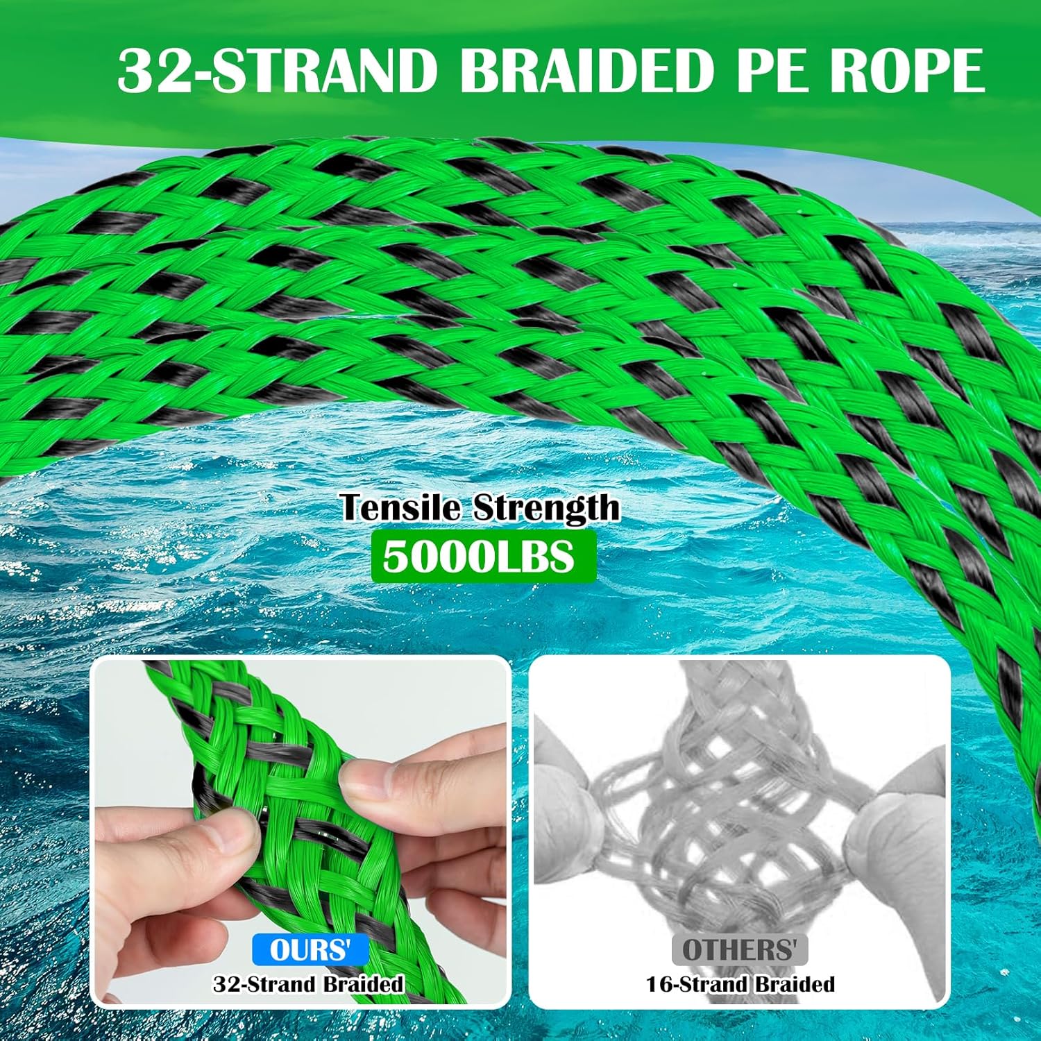 Self-Centering Boat Tow Harness (Green & Black) & 75FT Dyneema Wakeboard Rope (Green) Combo – Floating Tubing Harness & No-Stretch Rope with Handle for Wakeboarding, Watersports