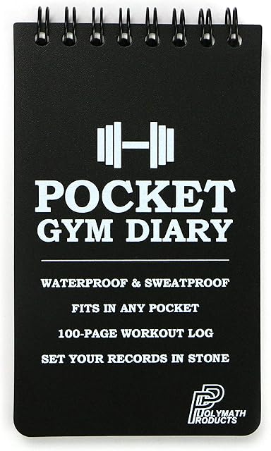 Polymath Products Pocket Gym Diary 100-page workout log. Handy size (3 x 5 inch) - fits in any pocket. 100% waterproof and sweatproof fitness training diary.