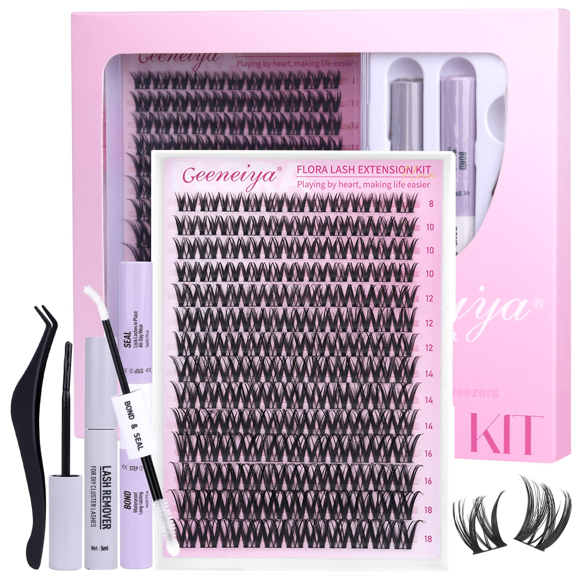 Geeneiya FLORA Lashes Clusters Kit DIY Lash Extension 8-18MM Wispy Lash Clusters Ultra-thin Soft Band Eyelash Extension Kit