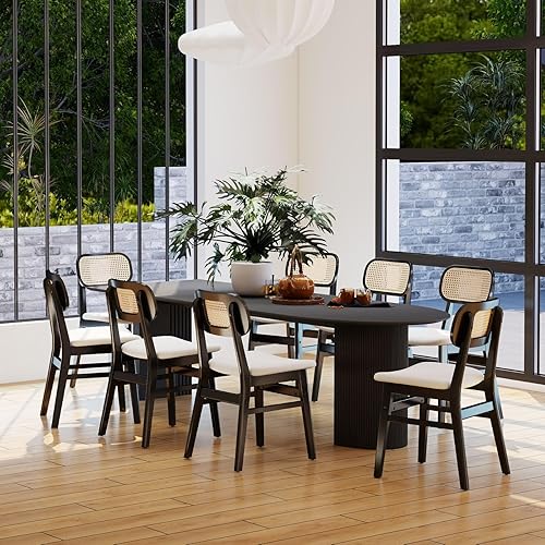 Miniatura 3 de Juego de 2 sillas de comedor negras de piel sintética con respaldo de ratán, sillas de cocina de granja, sillas laterales de madera